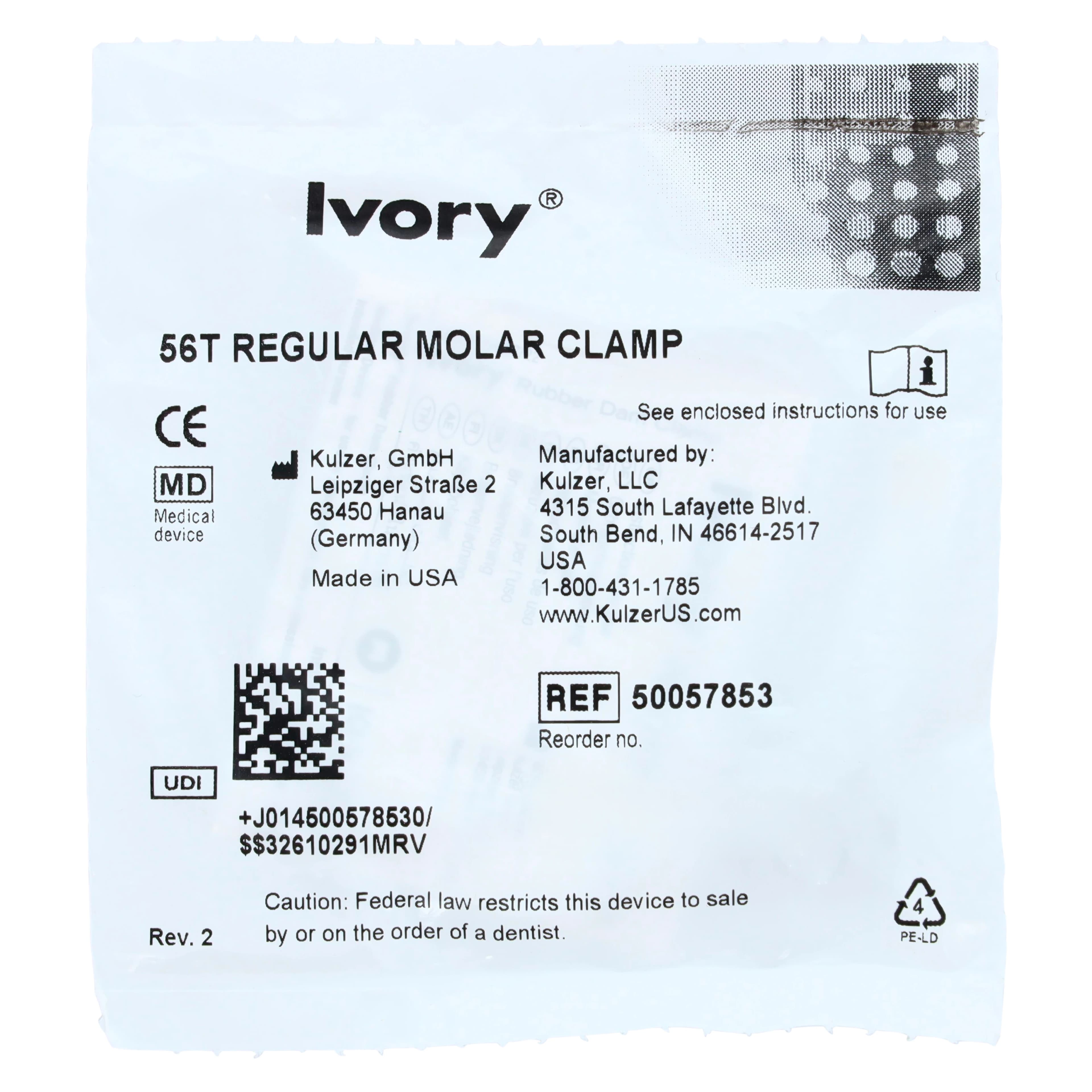 Ivory Tiger Rubber Dam Clamp, #56T, Winged, Serrated Jaws, Regular/Large Molar, Stainless Steel, 1/Pk, 50057853 thumbnail 3