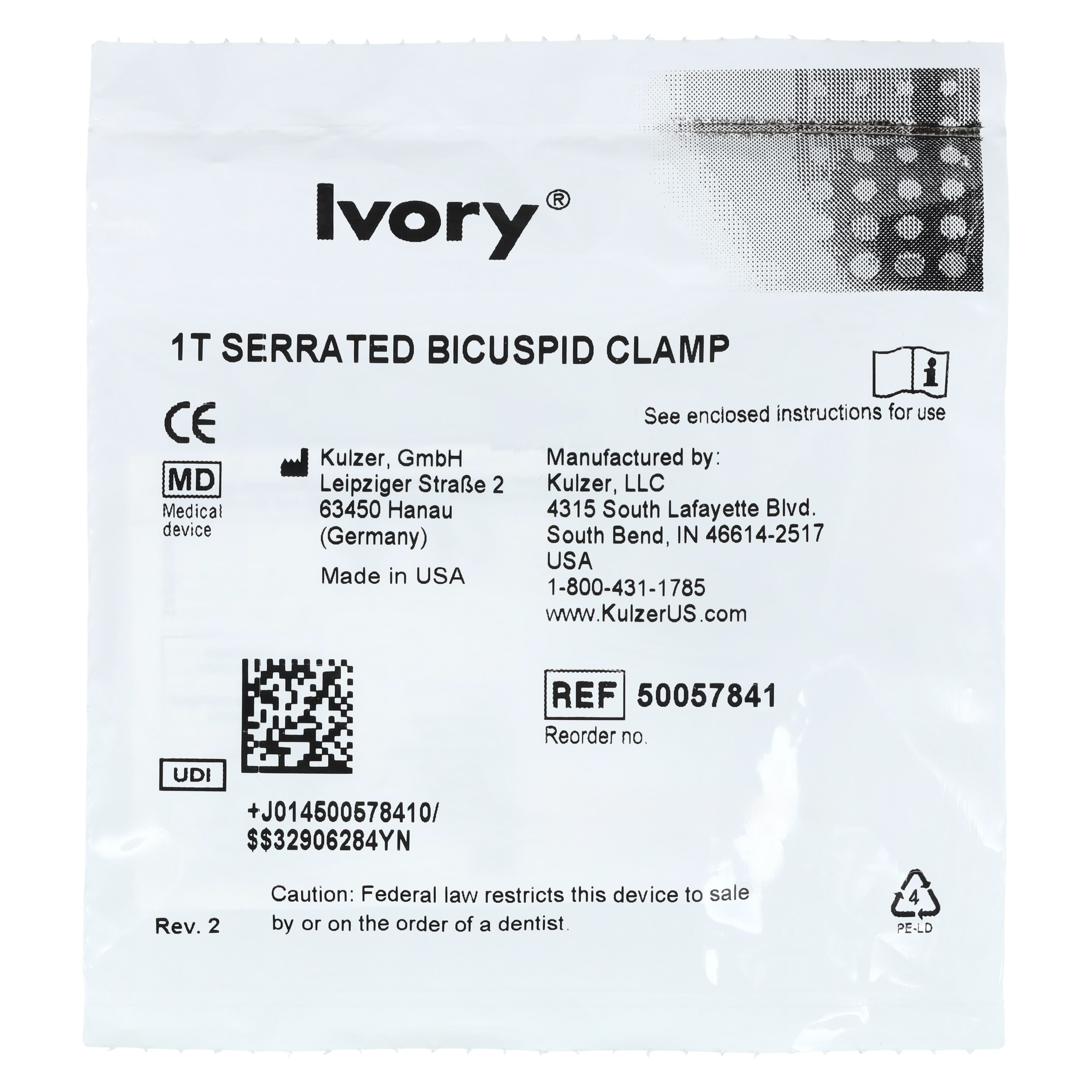 Ivory Tiger Rubber Dam Clamp, #1T, Bicuspid, Serrated, Winged, Stainless Steel, 50057841 thumbnail 3
