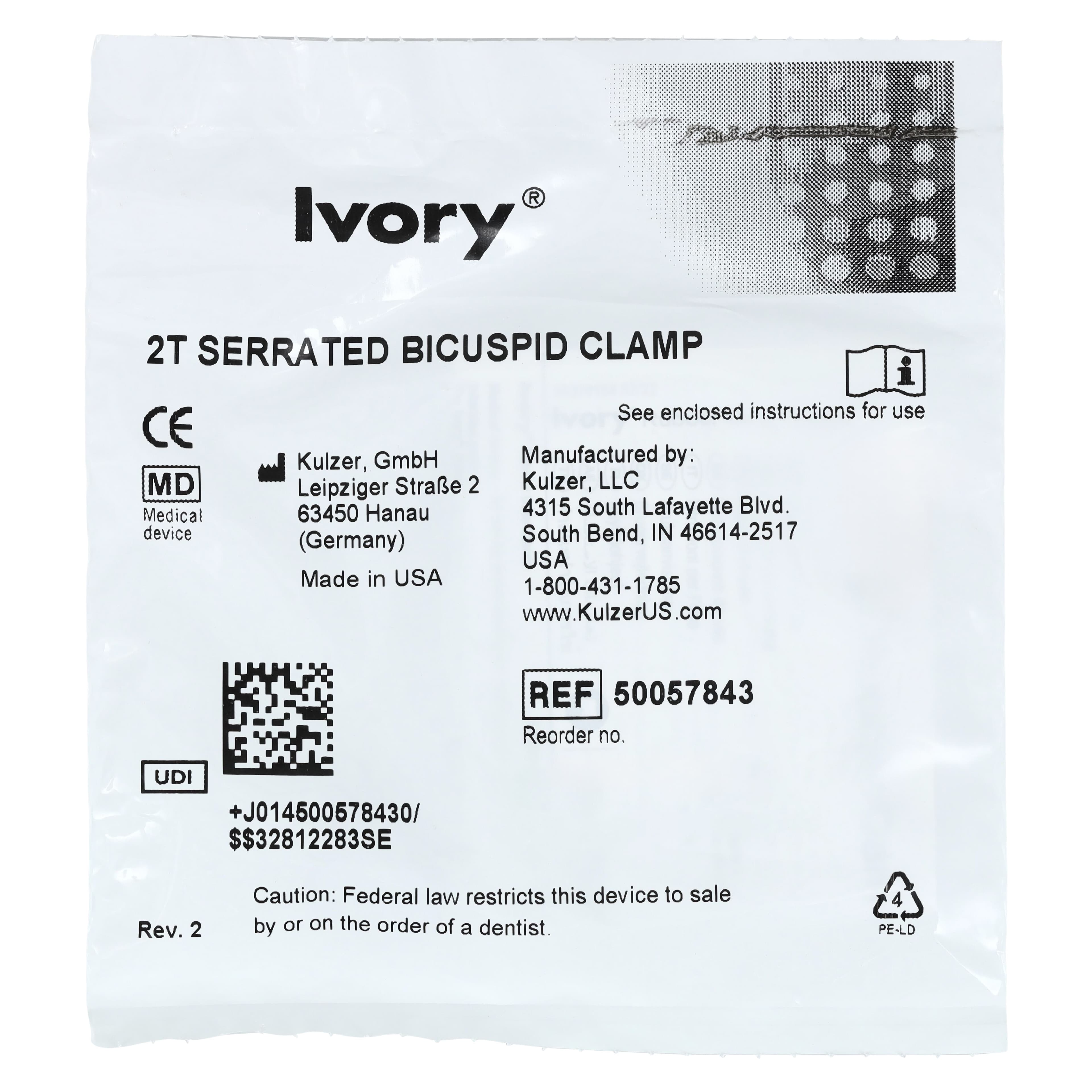 Ivory Tiger Rubber Dam Clamp, #2T Bicuspid, Winged, Serrated Jaws, Stainless Steel, 1/Pk, 50057843 thumbnail 3