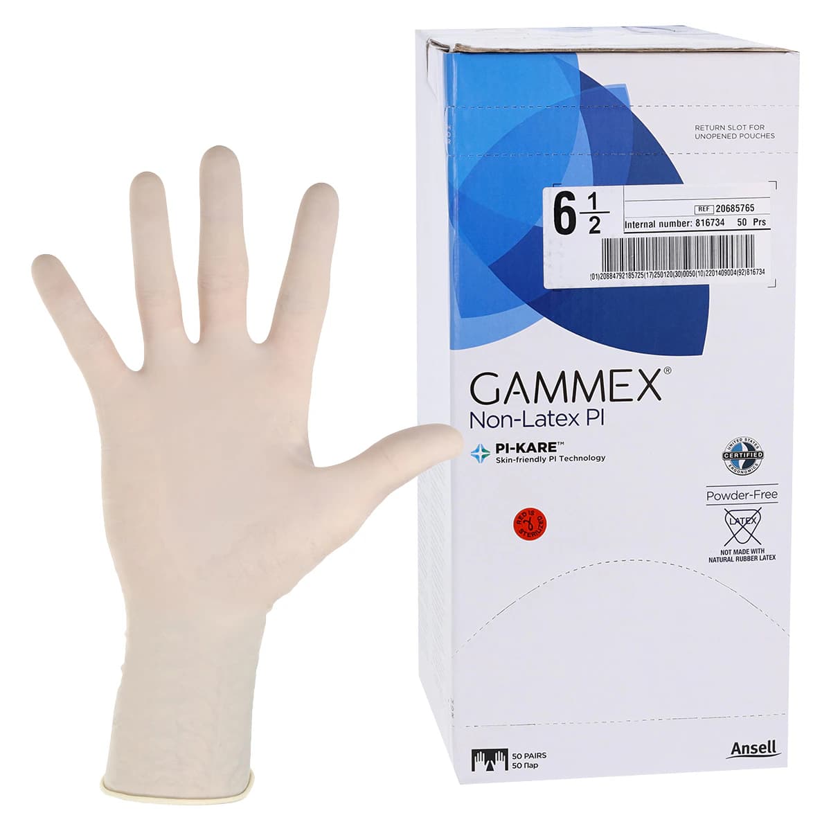 Ansell GAMMEX Non-Latex PI White Polyisoprene Surgical Gloves, Sterile, Powder Free, Size 6.5, 50 Pairs/Box, 20685765 - Surgical Gloves, Size 6-1/2, White, 50 pr/bx, 20685765 - Image 1