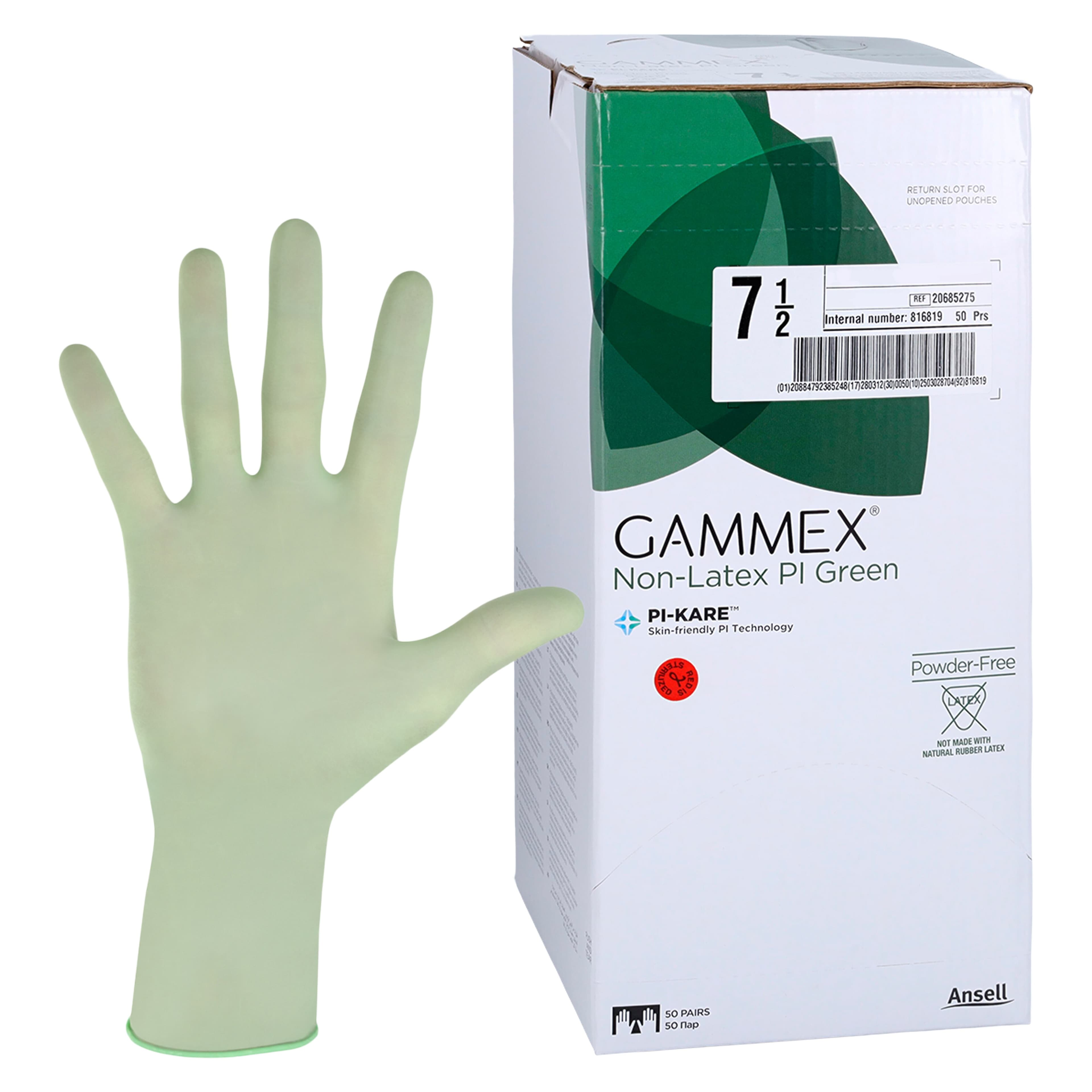 Ansell Gammex PI Non-Latex Polyisoprene Surgical Gloves, Sterile, Powder-Free, Green, Size 7.5, 50 Pairs/Box, 20685275 thumbnail 2