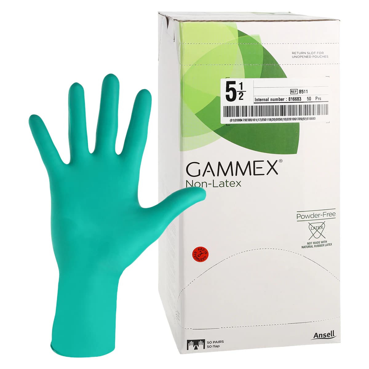 GAMMEX Non-Latex Neoprene Surgical Gloves, Powder-Free, Sterile, Dark Green, Size 5.5, 50 Pairs/Box, 8511 - GAMMEX® Nonlatex Surgical Gloves – Latex Free, Powder Free, Dark Green, 50/Pkg - Size 5.5 - Image 1
