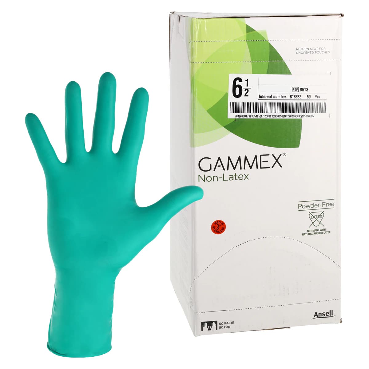 GAMMEX Non-Latex Neoprene Surgical Gloves, Sterile, Powder-Free, Dark Green, Size 6.5, 50 Pairs/Box, 8513 - GAMMEX® Nonlatex Surgical Gloves – Latex Free, Powder Free, Dark Green, 50/Pkg - Size 6.5 - Image 1