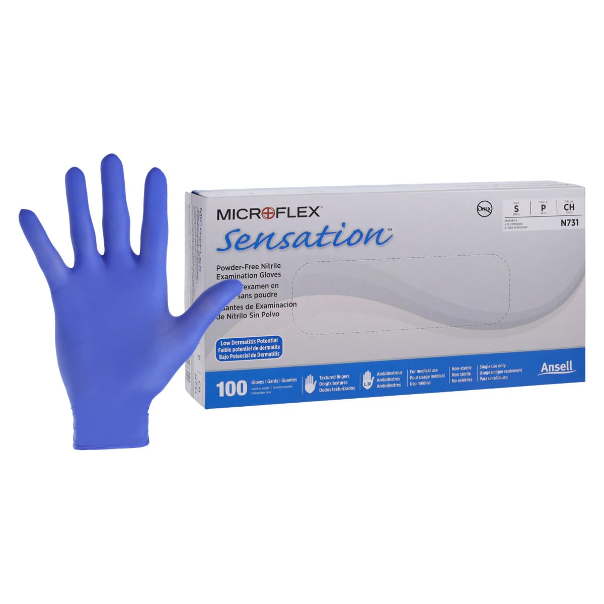 Microflex Sensation N73 Nitrile Exam Gloves, Powder-Free, Non-Sterile, Blue, Small, 100/Box, N731 thumbnail 2
