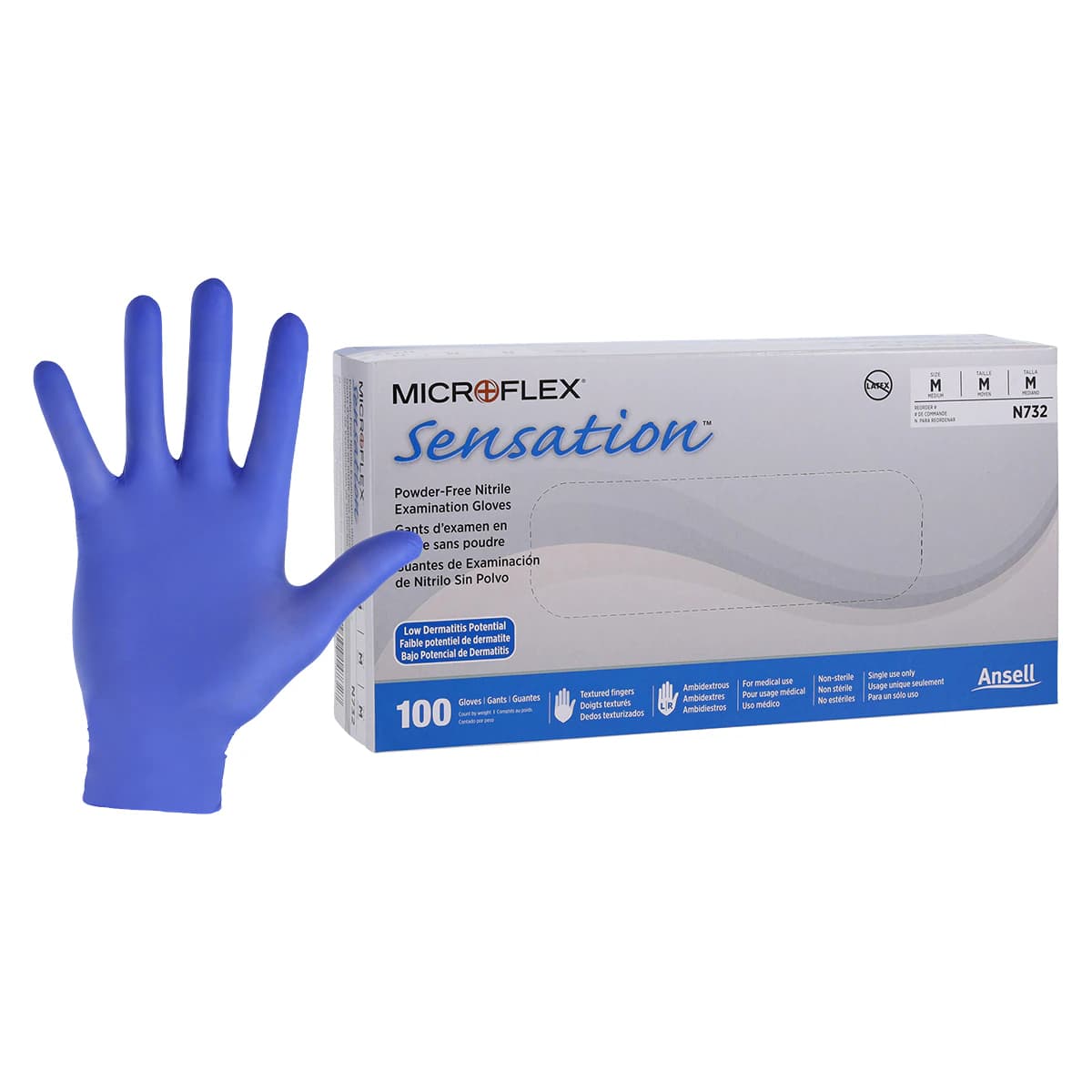 Sensation® Nitrile Powder-Free Exam Gloves, Blue, Medium, 100/Box, N732 thumbnail 2