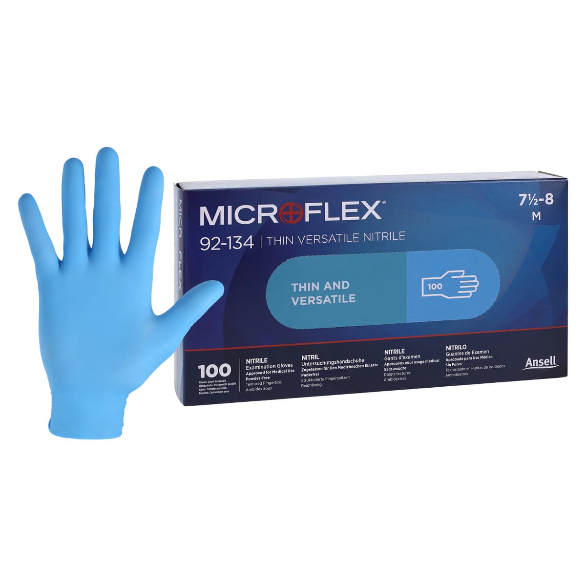 Ansell Microflex 92-134 Versatility Nitrile Exam Gloves, Powder Free, Non-Sterile, Blue, Medium (7.5-8), 100/Box, 92134080 thumbnail 2