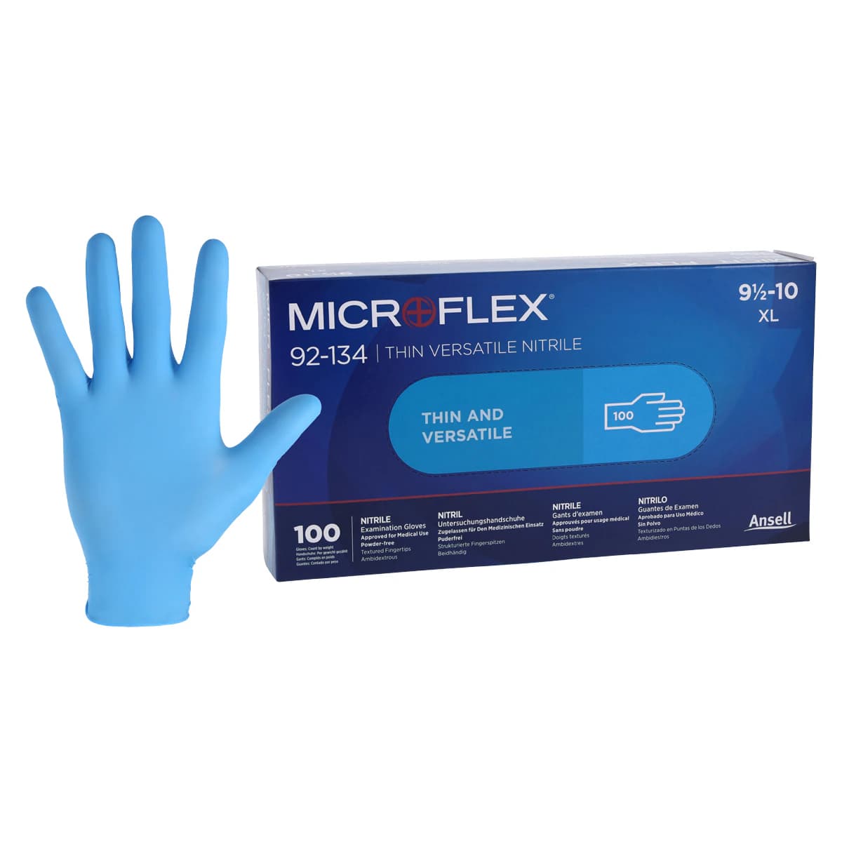 Microflex 92-134 Versatility Nitrile Exam Gloves, Powder Free, Non-Sterile, Textured Fingertips, Blue, Extra Large (9.5-10), 100/Box, 92134100 thumbnail 2