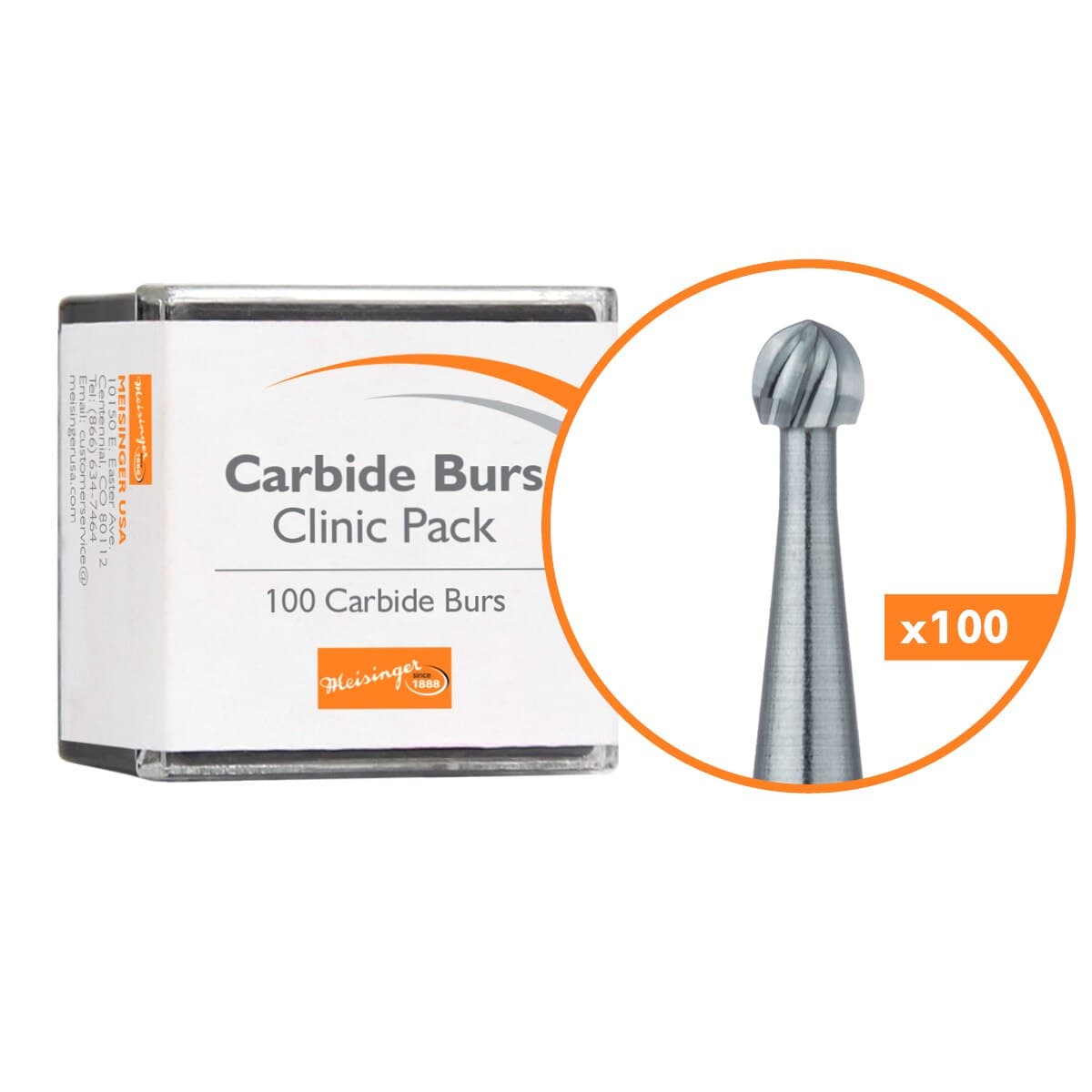 Meisinger Tungsten Carbide Bur, HM 1 Round RA, Size #8, 2.3 mm Diameter, 100/Pkg, C0008RA thumbnail 2