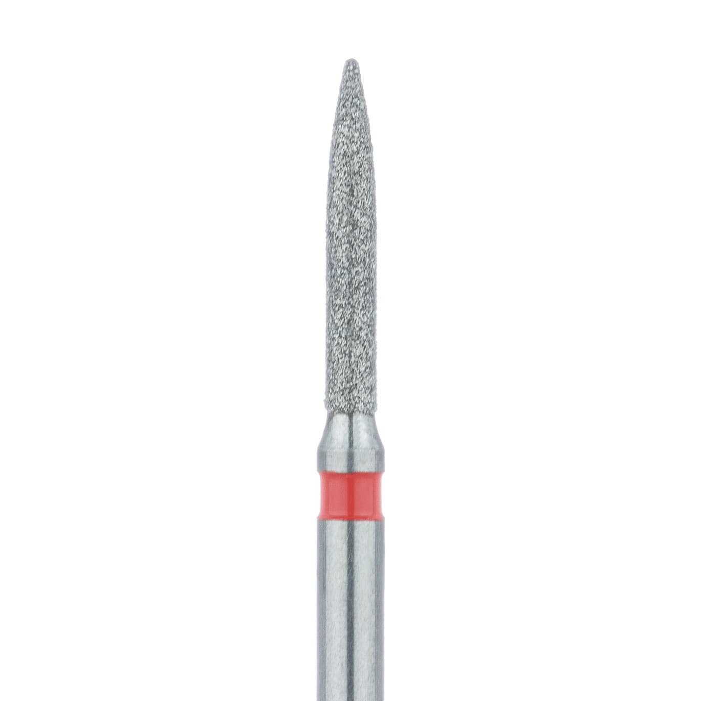 Meisinger 862F-012-FG Fine Diamond Bur, Flame Shape, Friction Grip, 1.2 mm Head Diameter, 8.0 mm Head Length, Red Ring, 5/Pkg - Diamond Instruments – FG, Fine, Red, Flame, Point End - 862F-012-FG, 1.2 mm Head Diameter, 8.0 mm Head Length, 5/Pkg - Image 1