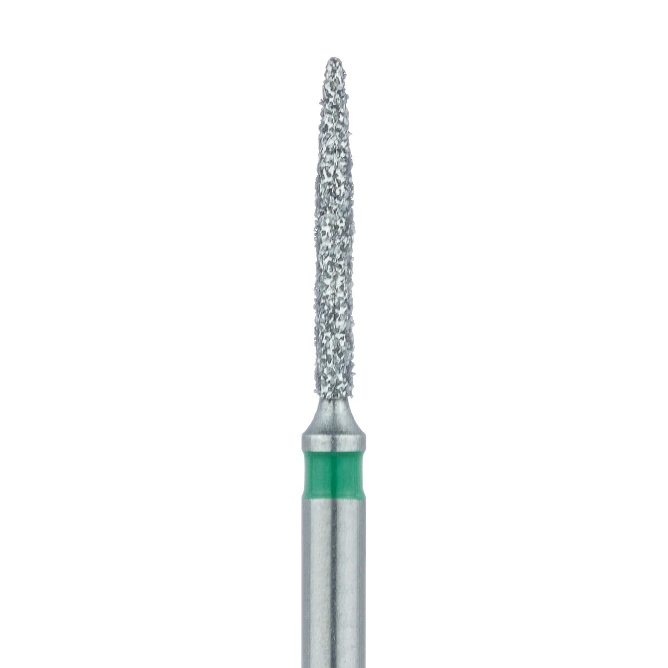 Meisinger FG #862G-010 Coarse Flame Shaped Diamond Bur, Friction Grip, 1.0 mm Head, 8 mm Working Length, Green Band, Multi-Use, 5/Pk - Meisinger FG #862.010 Coarse Flame Shaped, Diamond Burs, 5/Pk - Image 1
