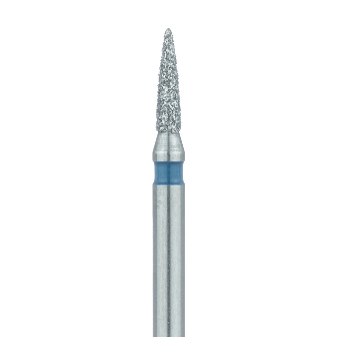 Meisinger Diamond Bur FG, Medium Grit, Blue Ring, Flame Shape, Point End, 1.2 mm Head Diameter, 5.0 mm Head Length, 5/Pkg, 861-012-FG - Diamond Instruments – FG, Medium, Blue, Flame, Point End - 861-012-FG, 1.2 mm Head Diameter, 5.0 mm Head Length, 5/Pkg - Image 1