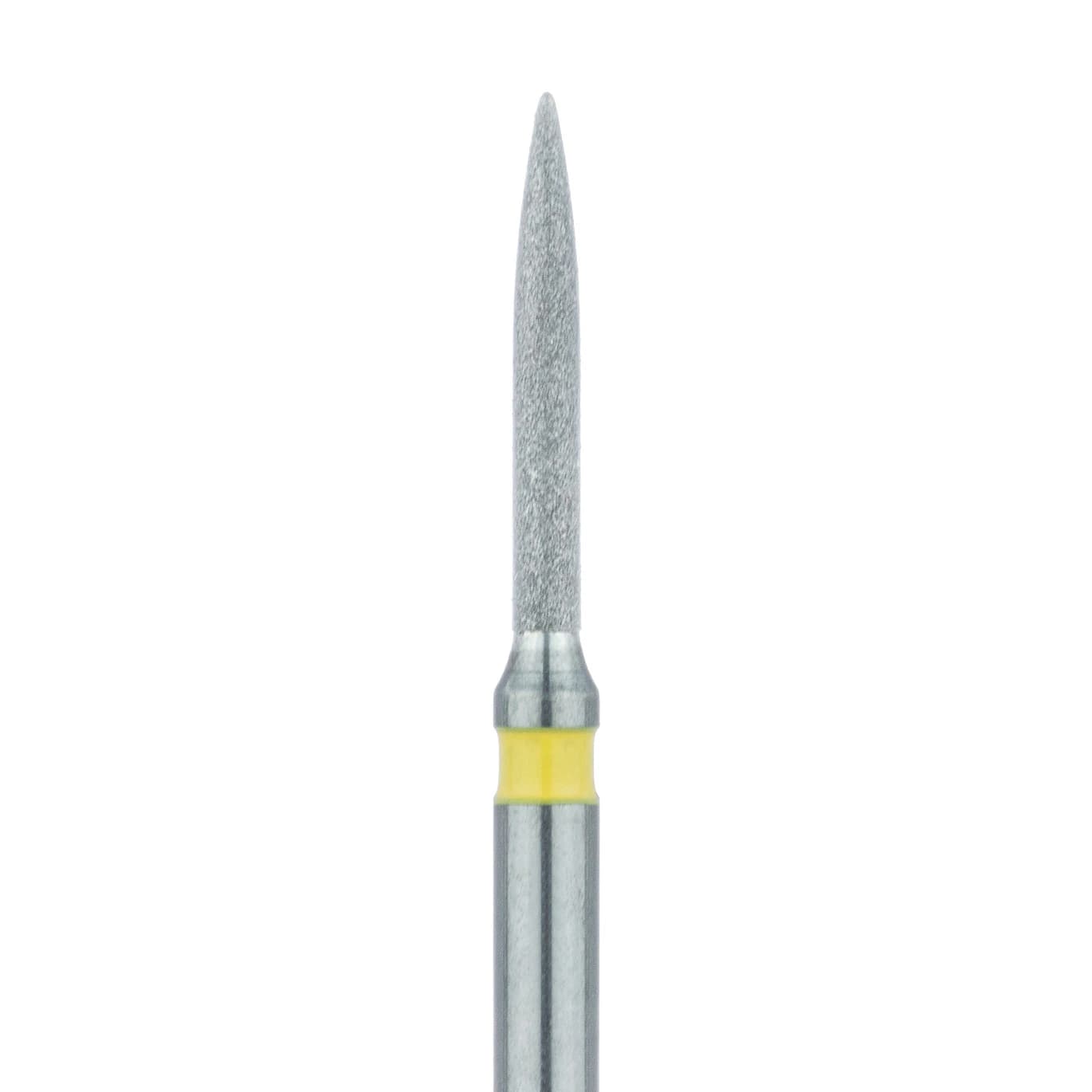 Meisinger 862C-010-FG Extra Fine Diamond Bur, Flame Shape, Friction Grip, 1.0 mm Head Diameter, 8.0 mm Working Length, Yellow Ring, 5/Pkg - Diamond Instruments – FG, Extra Fine, Yellow, Flame, Point End - 862C-010-FG, 1.0 mm Head Diameter, 8.0 mm Head Length, 5/Pkg - Image 1