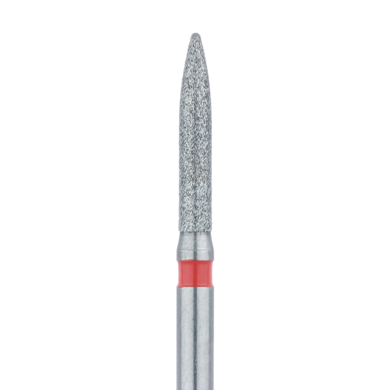 Meisinger 862F-014-FG Fine Grit Flame Diamond Bur, Friction Grip, 1.4 mm Head Diameter, 8.0 mm Head Length, Red Ring, 5/Pkg - Diamond Instruments – FG, Fine, Red, Flame, Point End - 862F-014-FG, 1.4 mm Head Diameter, 8.0 mm Head Length, 5/Pkg - Image 1