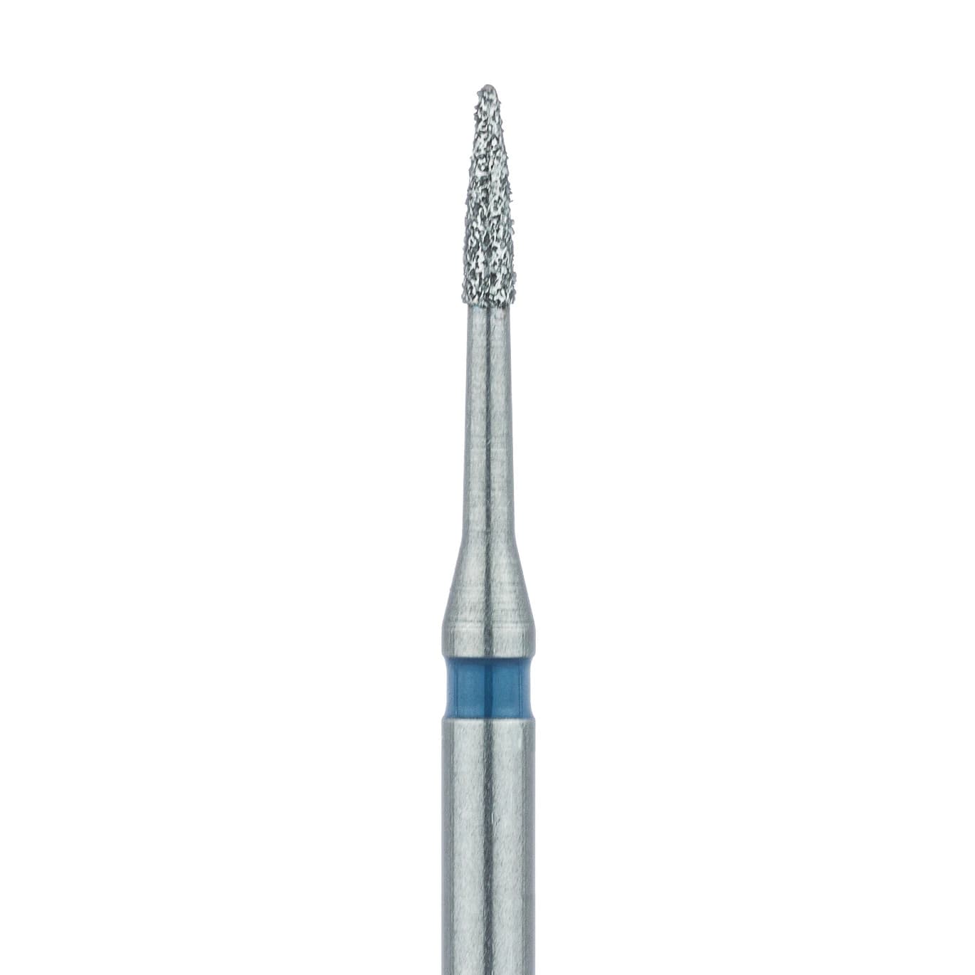 Meisinger 889L-009 FG Diamond Bur, Medium Grit, Blue Ring, Flame/Needle Shape, 0.9 mm Head Diameter, 3.5 mm Working Length, Long Shank, 5/Pack - Meisinger Diamond, FG, Long Shank, Medium, Blue, Needle, 889L-009, Pkg/5 - Image 1