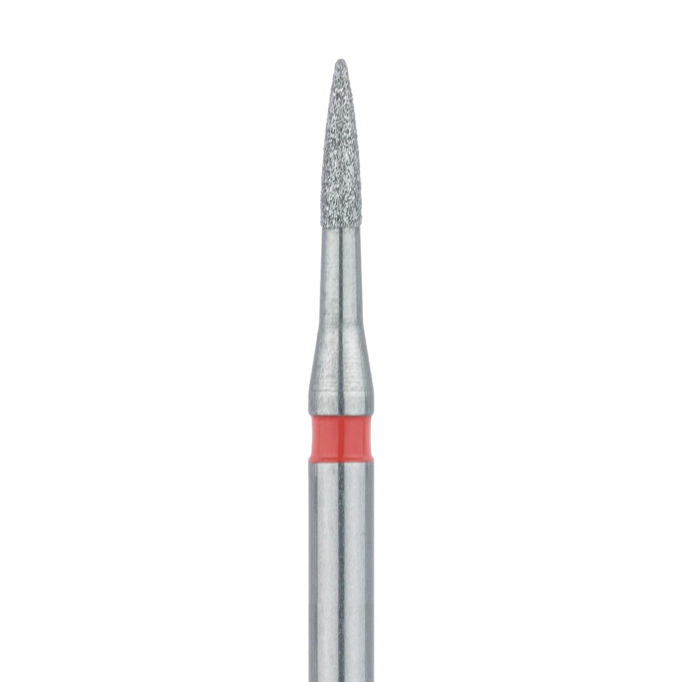 Meisinger 889LF-010-FG Fine Diamond Bur, Short Flame, Friction Grip, 1.0 mm Head Diameter, 4.0 mm Head Length, Red Ring, 5/Pkg - Diamond Instruments – FG, Fine, Red, Flame, Point End - 889LF-010-FG, 1.0 mm Head Diameter, 4.0 mm Head Length, 5/Pkg - Image 1