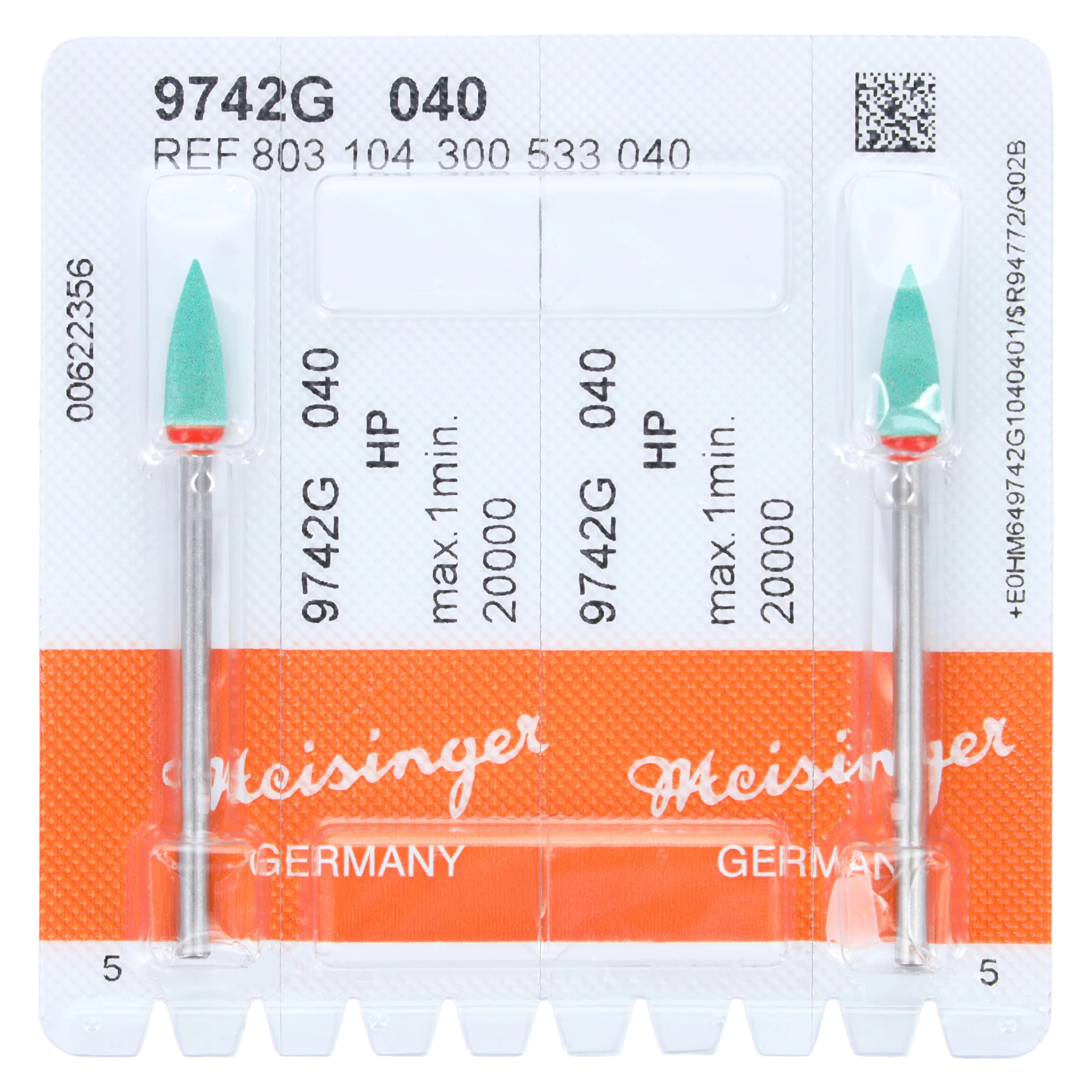 Meisinger 9742G-040 HP Porcelain Diamond Polisher, Flame/Point, Coarse, Green/Orange, 4.0 mm, 2/Pack - 9742G-040 HP PORC DIAMOND POLISHER GREEN/ORANGE(2) - Image 1