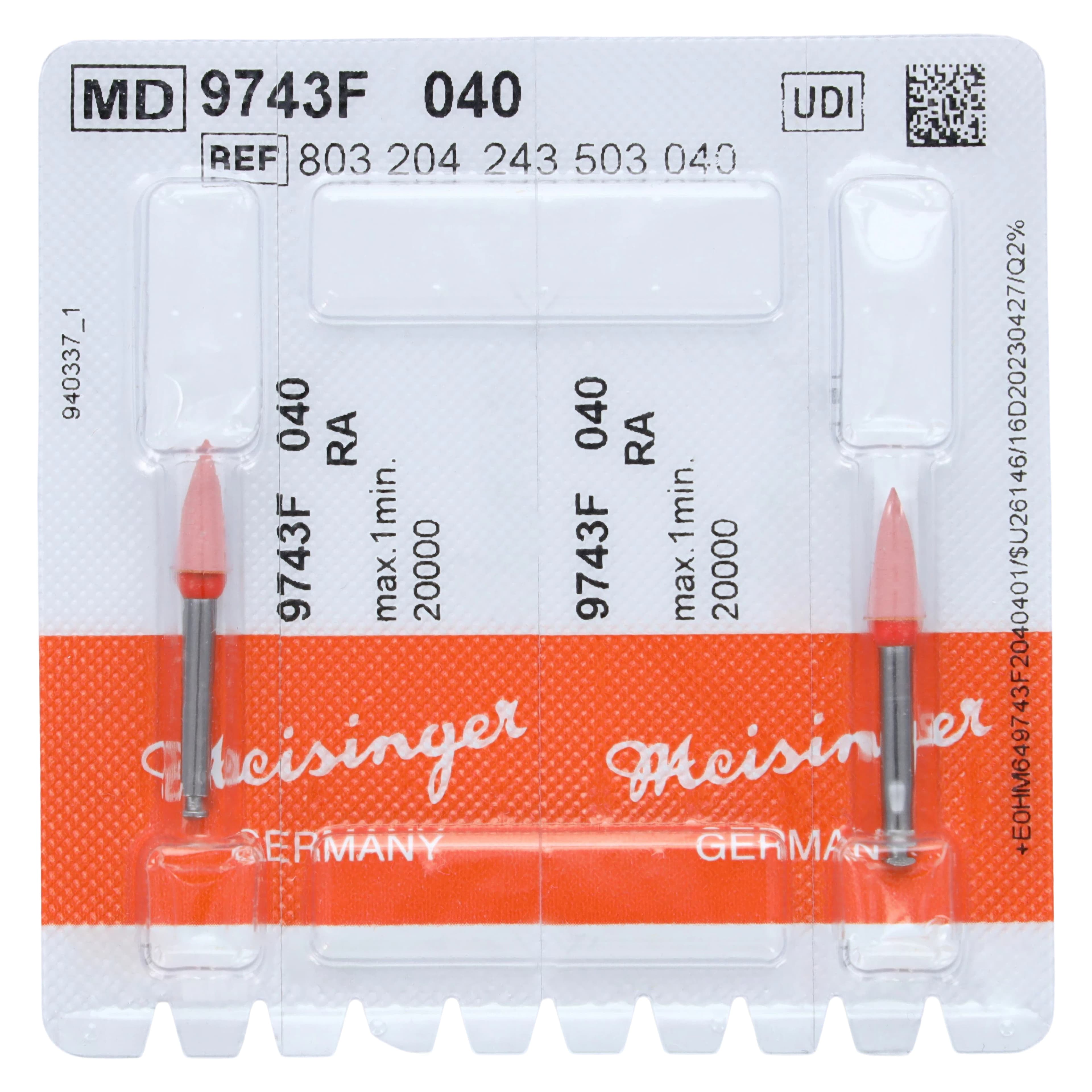 Meisinger Porcelain Polisher, Flame, Fine, Red/Orange, RA, 4.0 mm, 2/Pk, 9743F-040-RA-R/O - Porcelain Polisher Disc, RA, # 9743, 4.0 mm, Fine, Red/Orange, 2/Pk, 9743F-040-RA-R/O - Image 1
