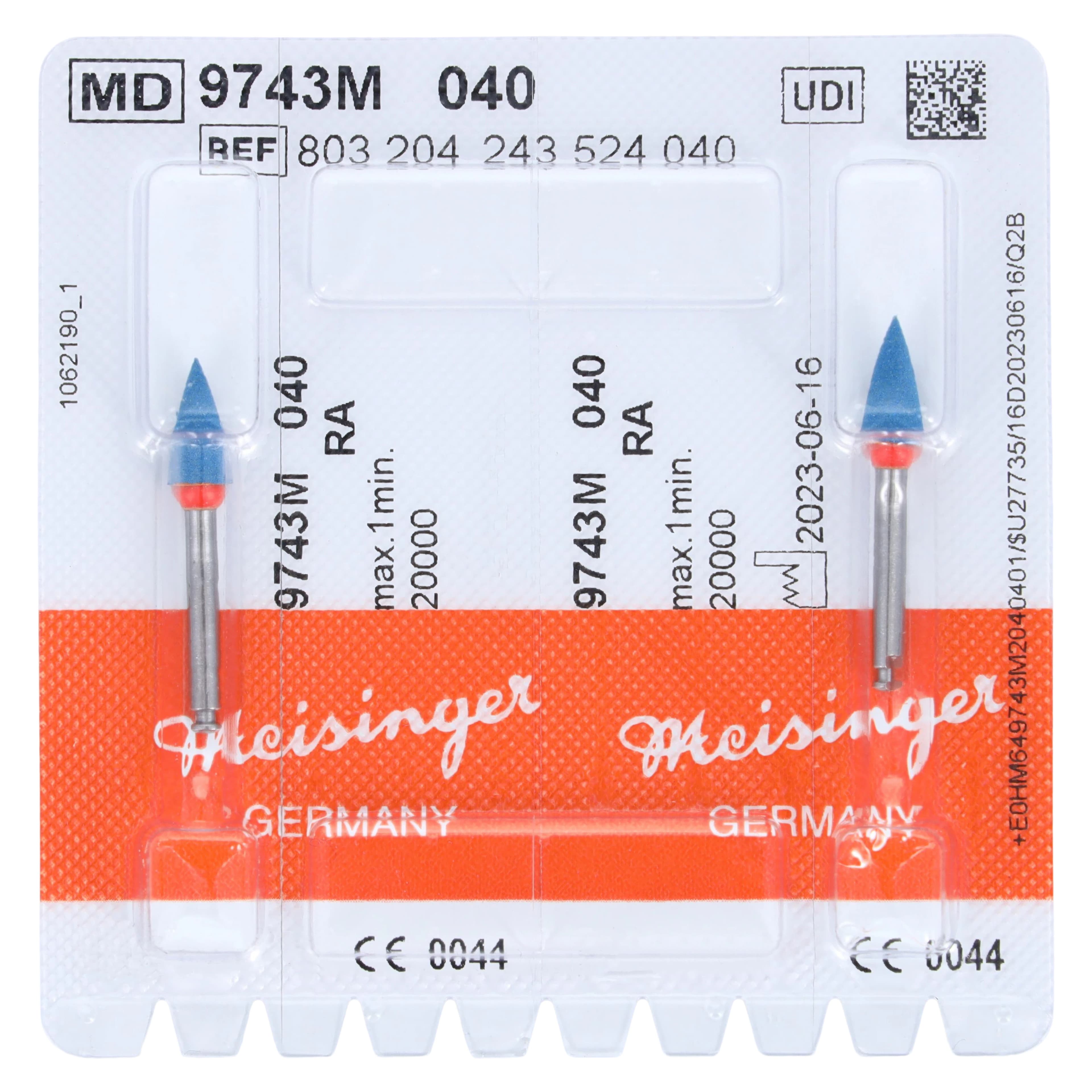 Meisinger RA #9743M.040 Diamond Impregnated Ceramic Polisher, Flame, Medium, Blue/Orange, 4.0mm, 2/Pk - Meisinger RA #9743M.040 Medium, Point Shaped, Diamond Impregnated Polisher, Blue, 2/Pk - Image 1
