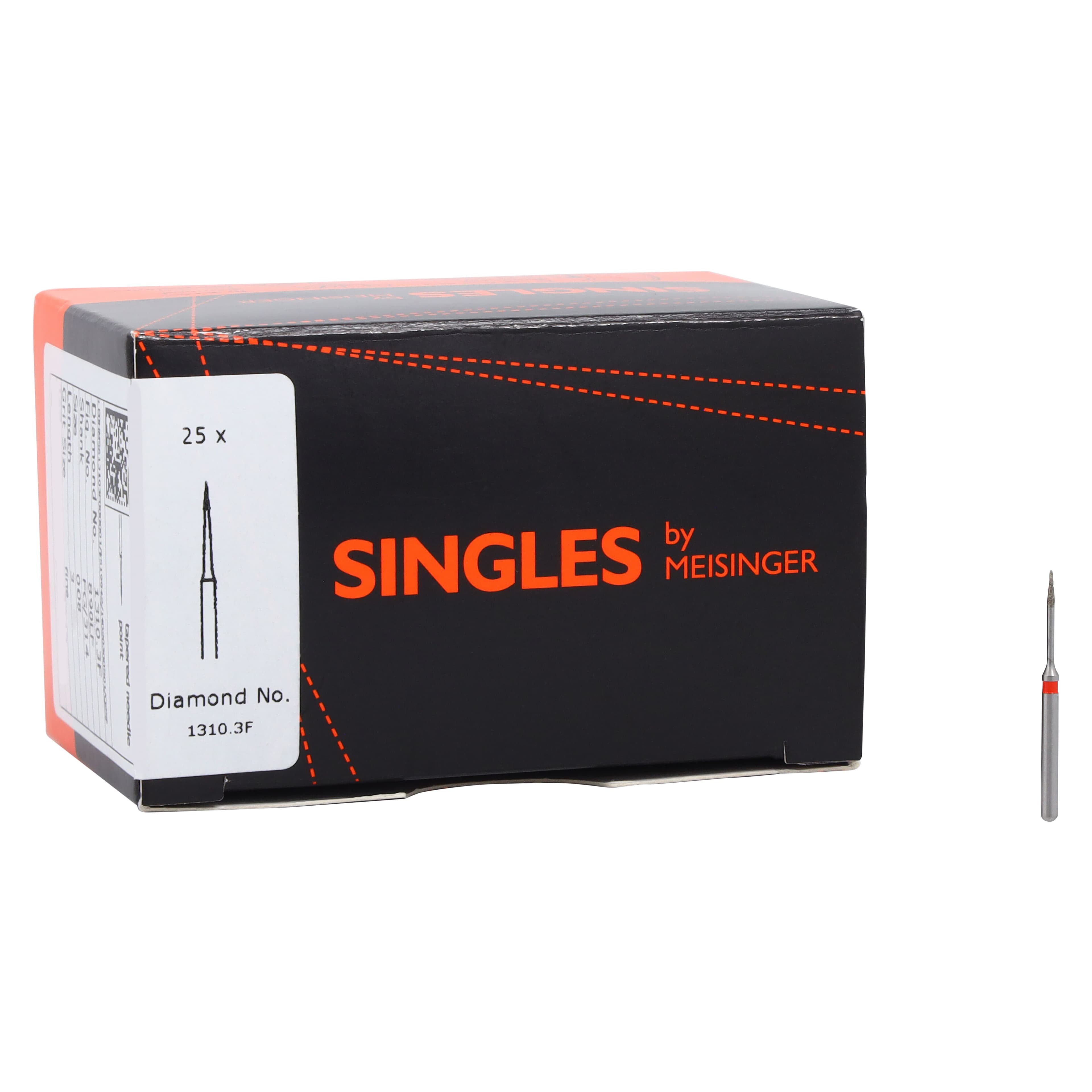 Meisinger Single-Use Sterile Diamond Bur, FG, Needle, #1310.3F, 0.8 mm, Fine, Red, 25/Pk thumbnail 4
