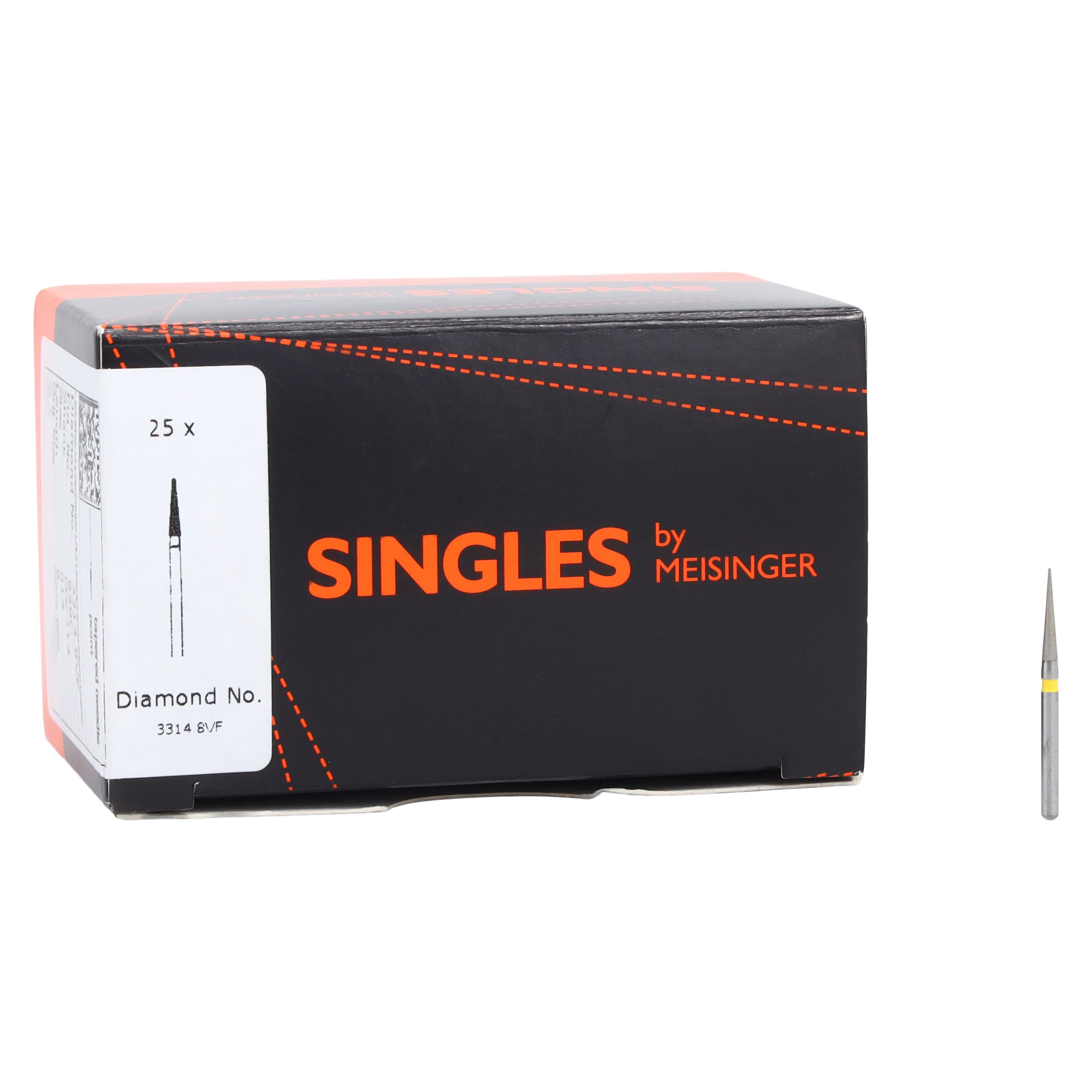 Meisinger FG Single-Use Diamonds, Extra Fine, #3314.8VF, Pointed Needle, 1.4mm Diameter, 8.0mm Length, Yellow, 25/Pk thumbnail 4