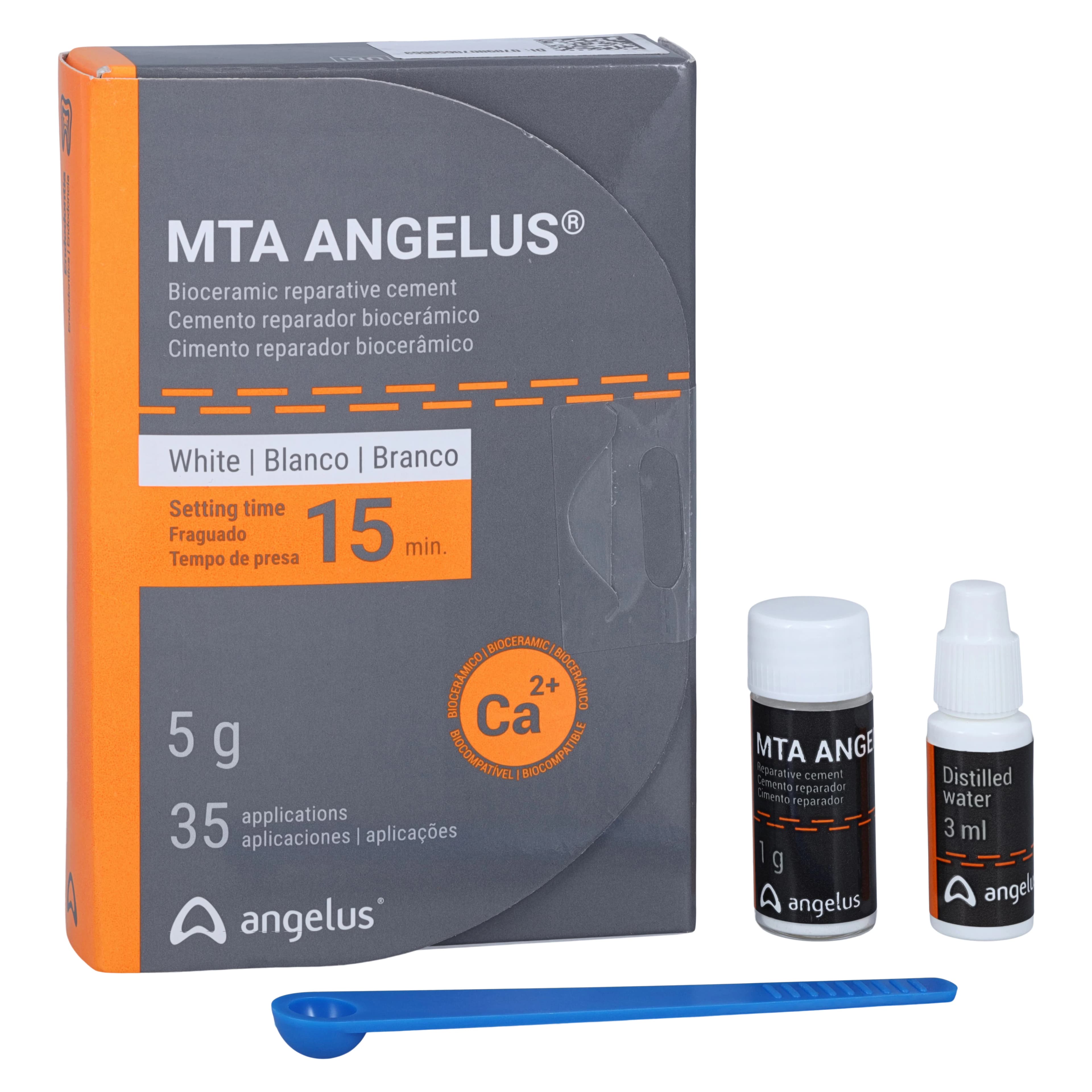 MTA Angelus White Reparative Cement, 5 g Package (5 x 1 g Vials, 3 mL Distilled Water, Measuring Scoop), 35 Doses, 1822 - MTA Angelus White 5G Reparative Cement - Image 1