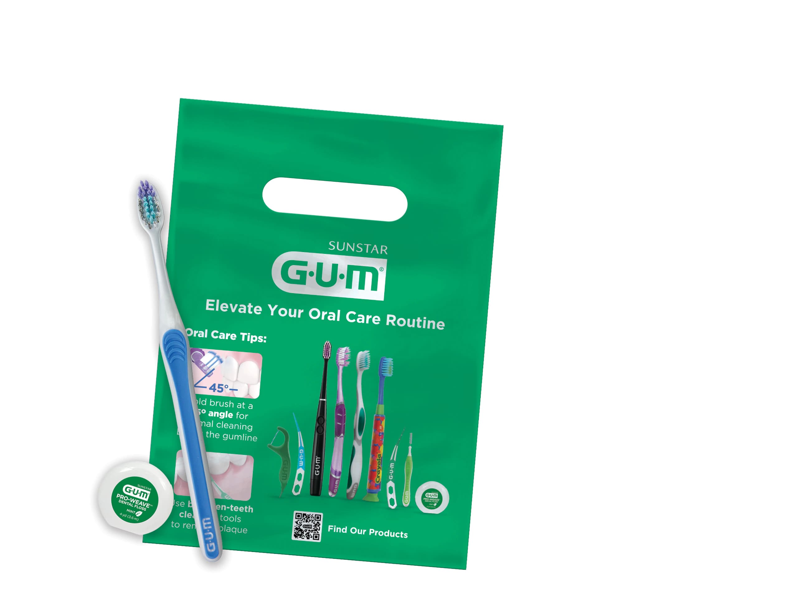 GUM Bright Care Soft Toothbrush & Pro-Weave Mint Waxed Floss Patient Kit, 144 Kits/Box, KIT4591P - Bright Care Soft Pro-Weave Mint Waxed 4Yd bags Toothbrush Kit Box of 432 - Image 1
