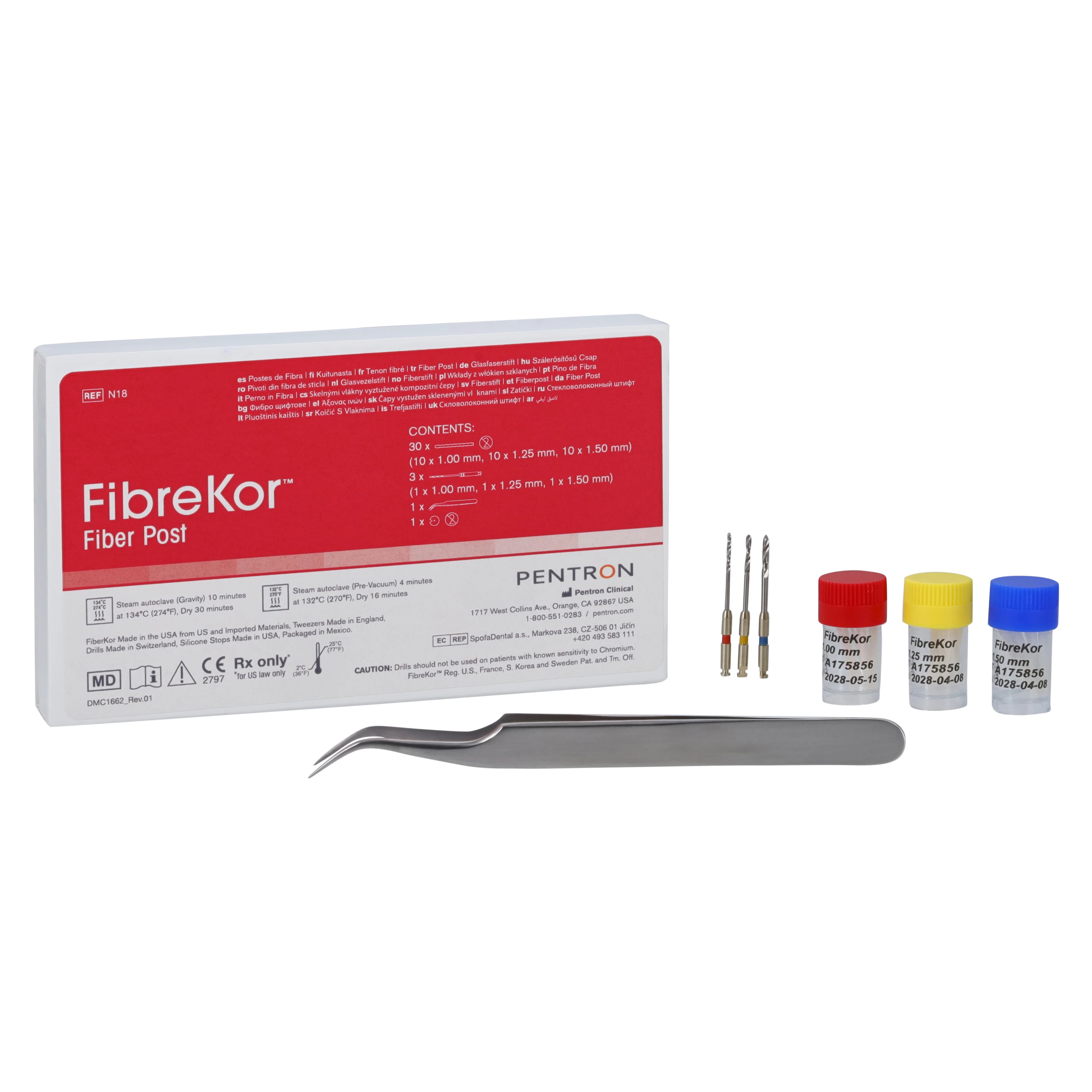 FibreKor Fiber Post System Kit, N18, 30 Posts (10 ea. 1.00/1.25/1.50 mm), 3 Drills, Tweezers thumbnail 2