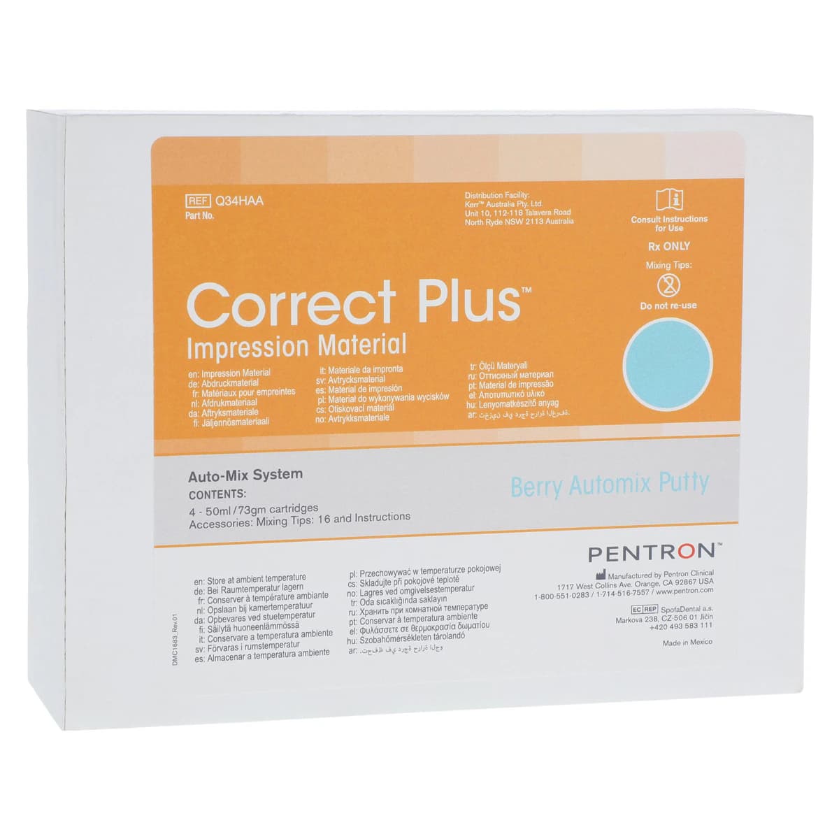 Correct Plus Hydrophilic VPS Impression Material, Berry Auto-Mix Putty, Regular Set, 50 ml Cartridges, 4/Pk, Q34HAA - Correct Plus Impression Material, Berry Auto-Mix Putty, 50 ml, 4/Pk - Image 1
