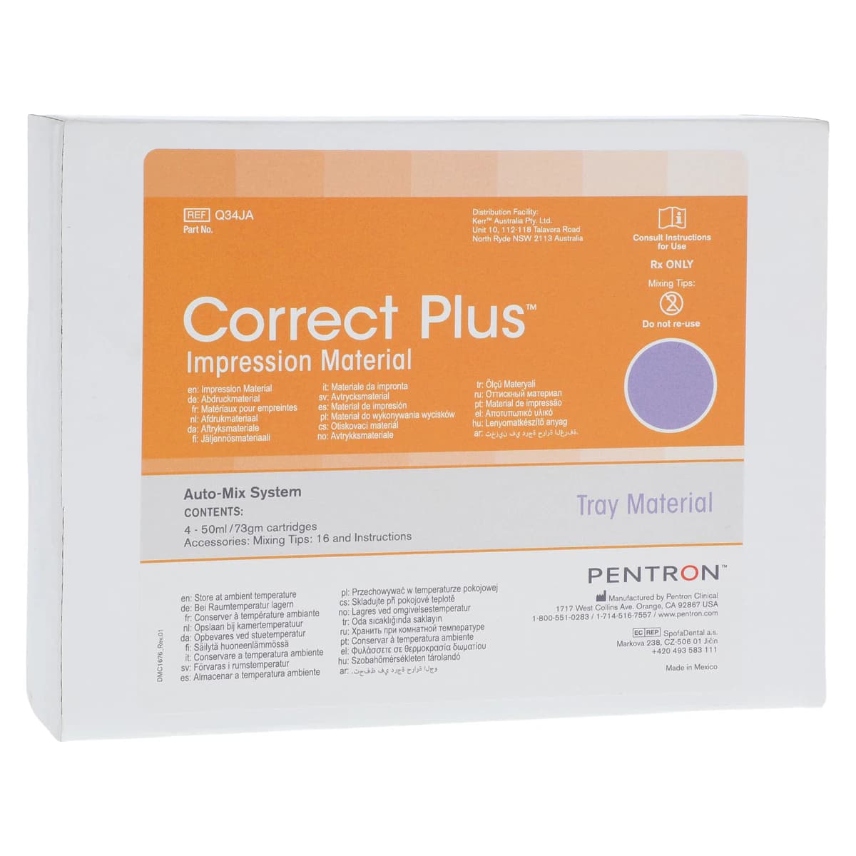 Correct Plus Hydrophilic VPS Impression Material, Tray, Regular Set, Unflavored, 50 ml Cartridges, 4/Pk, Q34JA - Correct Plus Impression Material, Tray, Regular Set, 50 ml, 4/Pk, Q34JA - Image 1