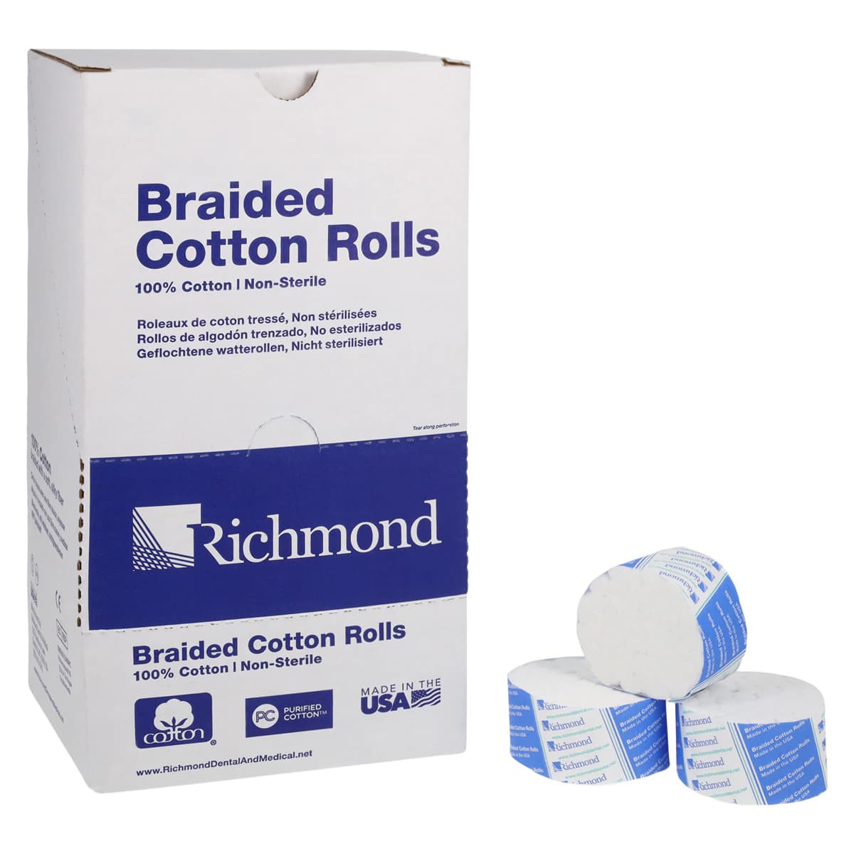 Richmond Braided Cotton Rolls, Medium Diameter 3/8" x 1 1/2", Junior Pack, Non-Sterile, 2000/Box, 200204 - Braided Cotton Rolls, Medium, Junior Pack, 3/8" x 1 1/2", 2000/Pk, 200204 - Image 1