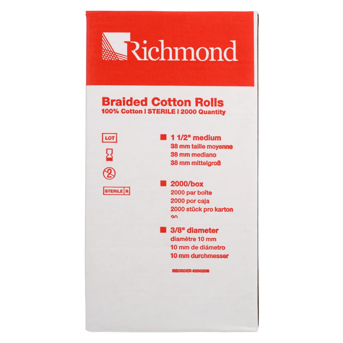 Richmond Braided Cotton Rolls, Sterile, Medium, 3/8" x 1 1/2", 2000/Pk, 200206 thumbnail 2