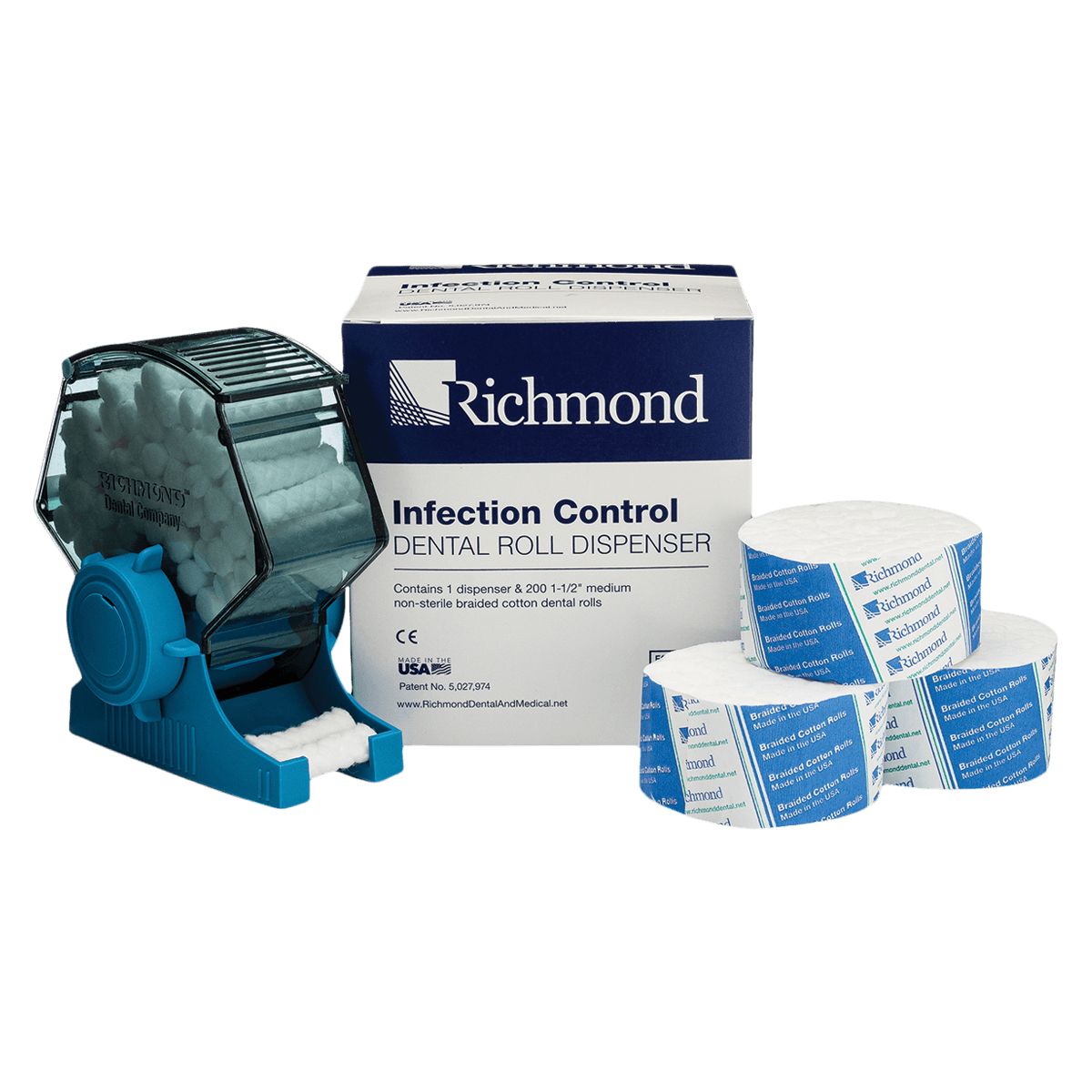 Richmond IC Dental Roll Dispenser, Blue, with 200 Braided Cotton Rolls, 200224 - Cotton Roll Dispenser +200/Rolls Blue - Image 1