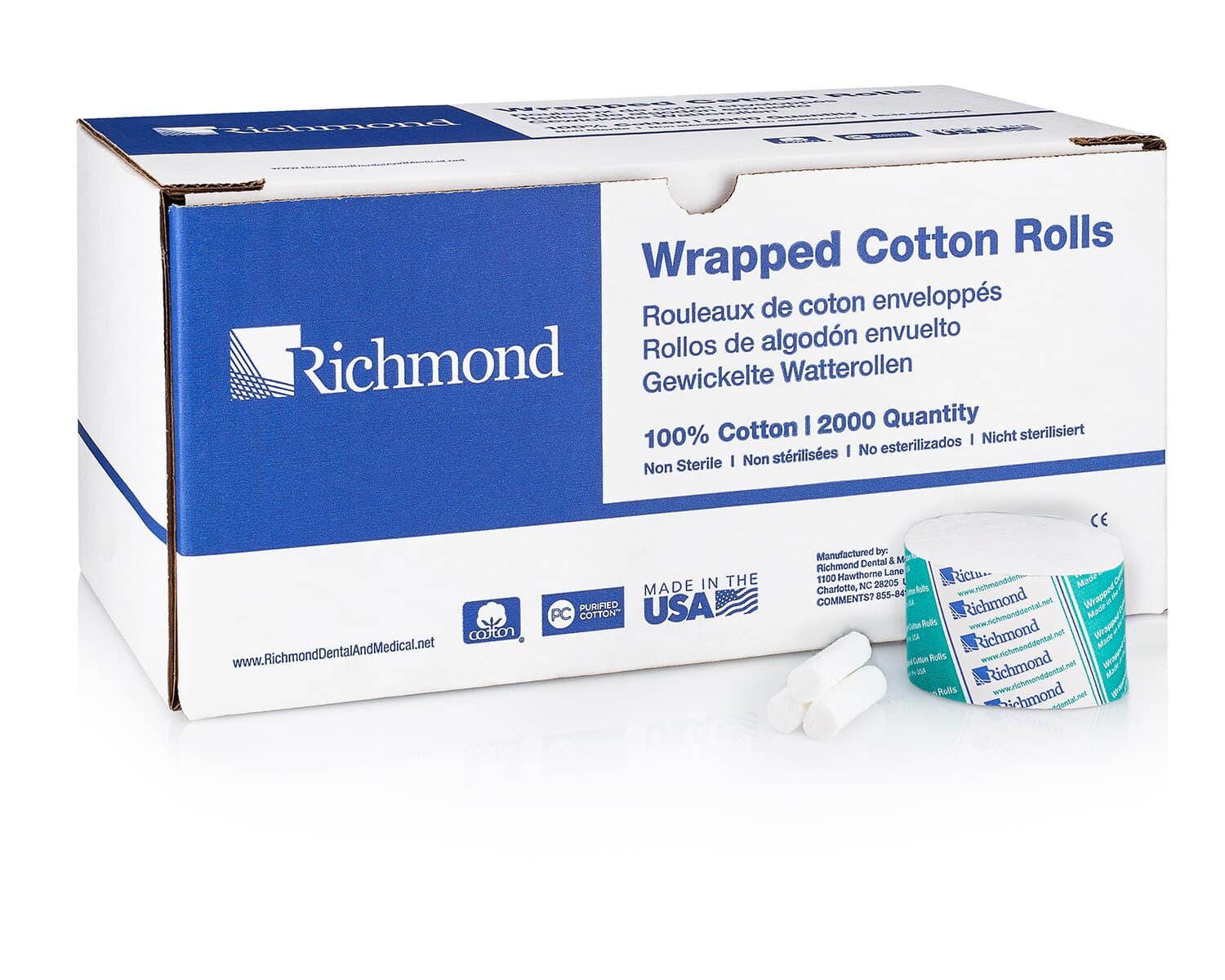 Richmond Wrapped Cotton Rolls, #2 Medium, 1-1/2" x 3/8", Non-Sterile, 2000/Box, 200404 thumbnail 2