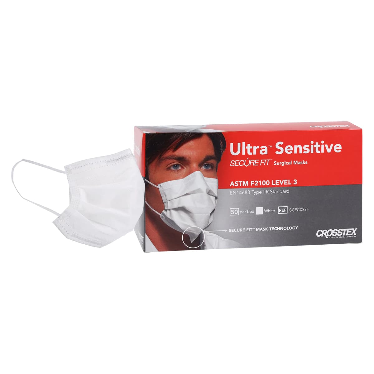 Crosstex Ultra Sensitive Earloop Mask with SecureFit Technology, ASTM Level 3, White, 50/Box, GCFCXSSF - Ultra™ Sensitive Earloop Mask w/Secure Fit™ Surgical Face Mask ASTM Level 3 White Box of 50 - Image 1