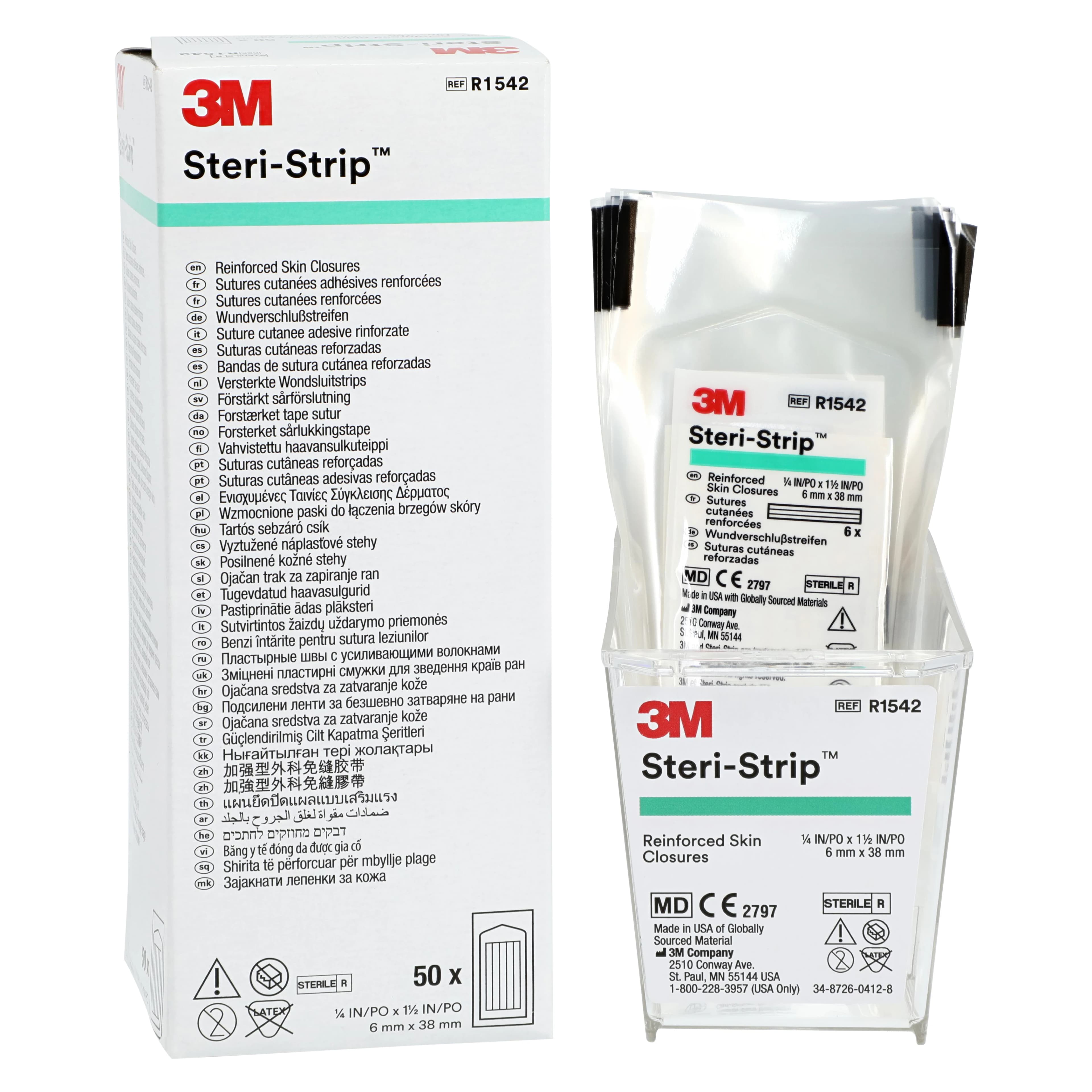 3M Steri-Strip Adhesive Skin Closures, Reinforced, 1/4" x 1-1/2", White, 6 Strips/Env, 50 Env/Bx, R1542 - 3M STERI-STRIP ADHESIVE SKIN CLOSURES, R1542 - Image 1