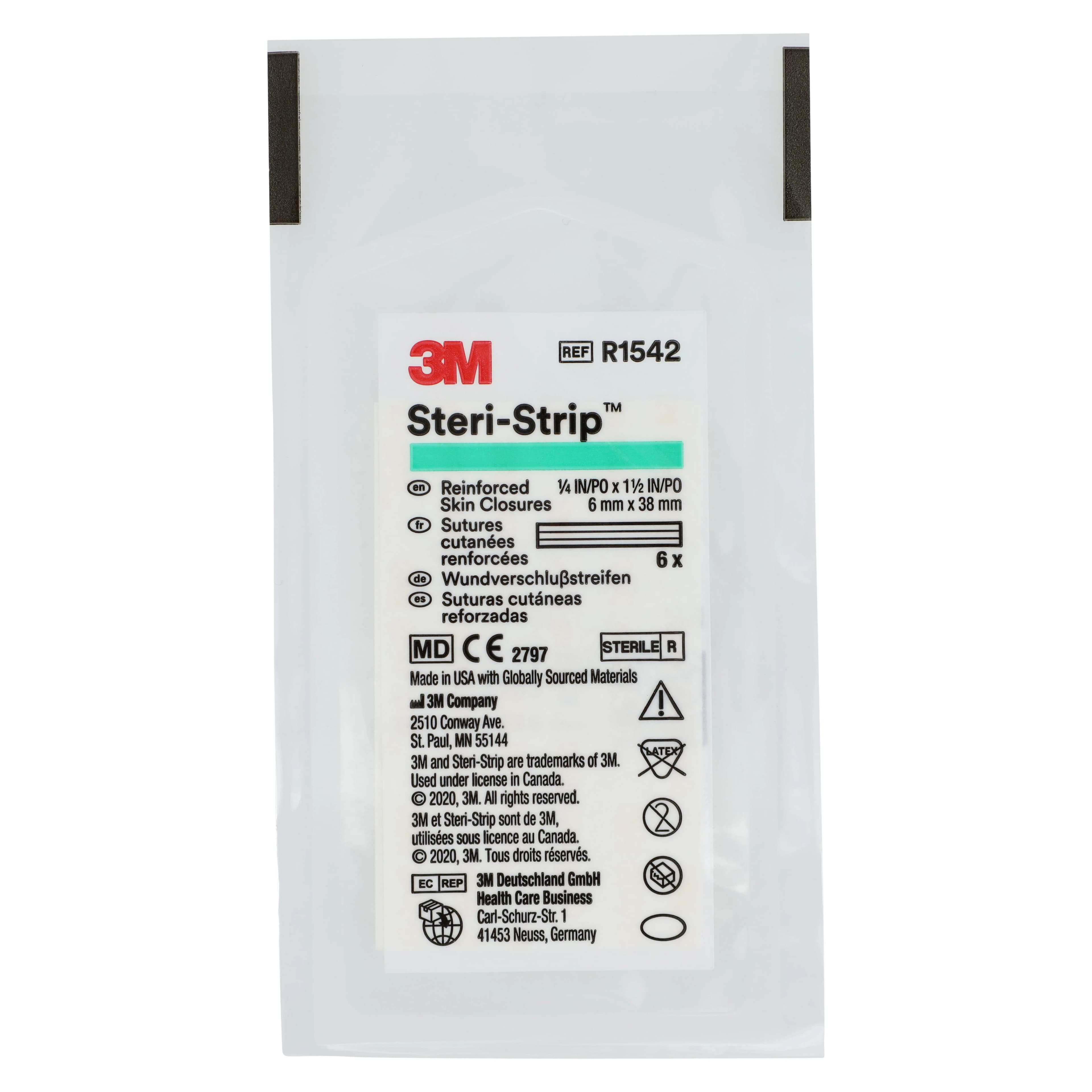 3M Steri-Strip Adhesive Skin Closures, Reinforced, 1/4" x 1-1/2", White, 6 Strips/Env, 50 Env/Bx, R1542 thumbnail 3