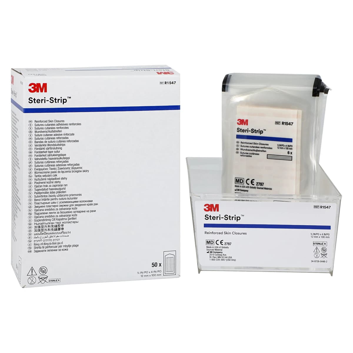 3M Steri-Strip Reinforced Adhesive Skin Closures, 1/2" x 4" (12mm x 100mm), 6 Strips/Envelope, 50 Envelopes/Box, R1547 thumbnail 2
