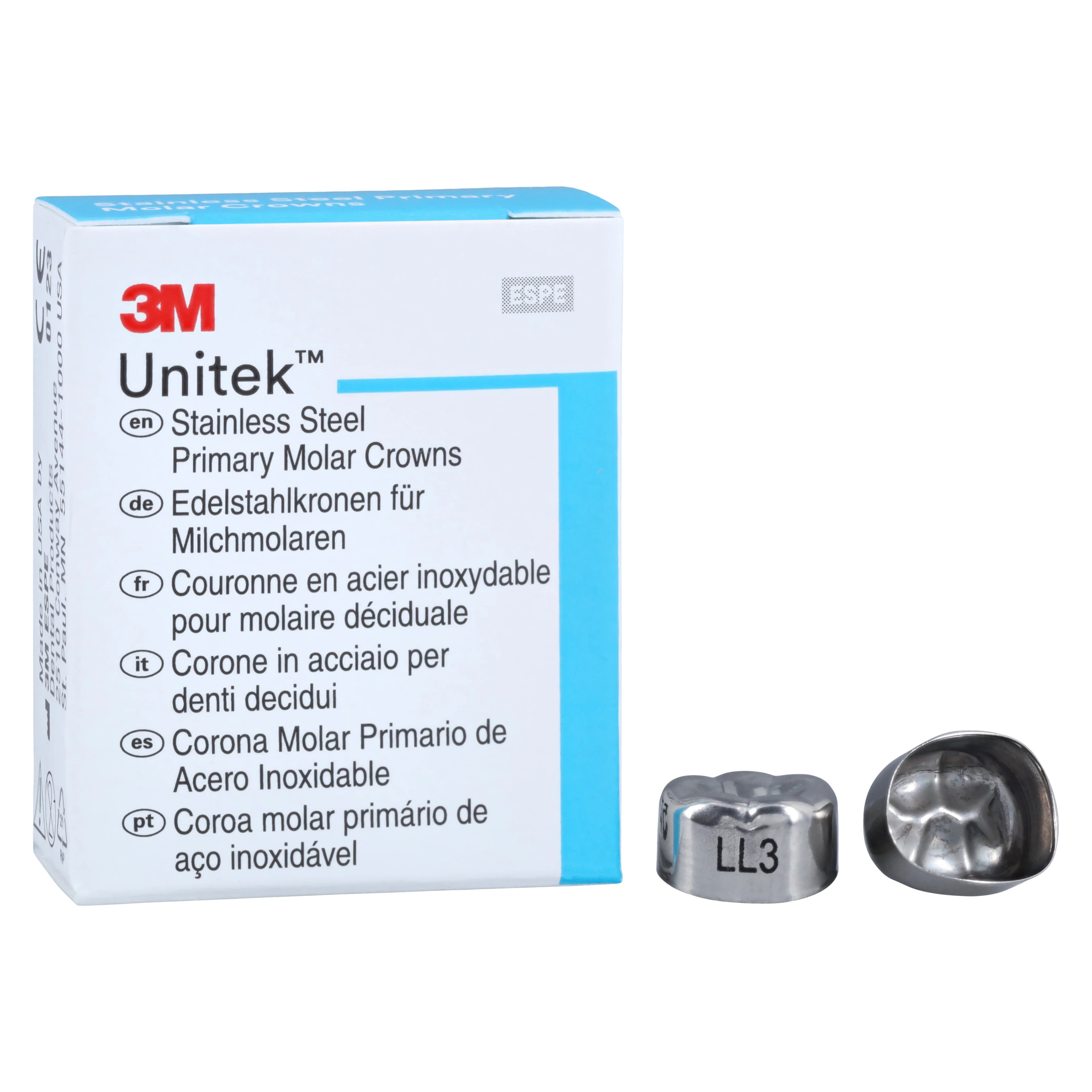 3M Unitek Stainless Steel Primary Molar Crown, Lower Left Second Primary Molar, Size 3 (LL3), 5/Box, 900233 - 3M Unitek SS Primary Molar Crowns Lower Left Second Primary Molar Size 3 5Bx - Image 1