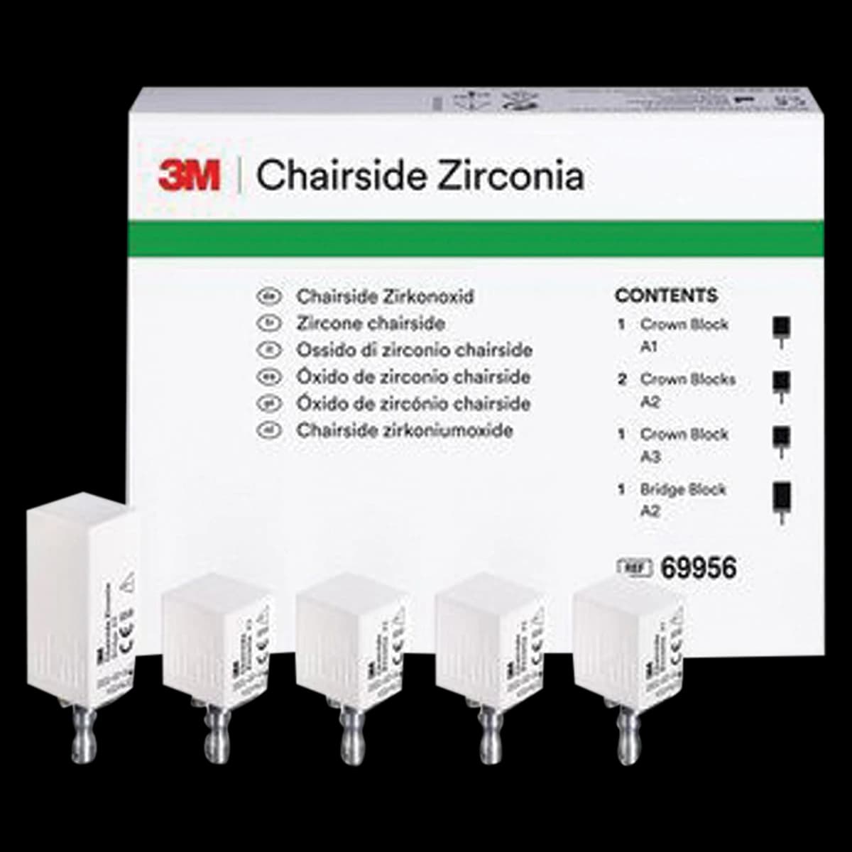 3M (Solventum) Chairside Zirconia Intro Kit for CEREC, 4 x 20mm Crown Blocks (A1, A2, A3) & 1 x 39mm Bridge Block (A2), 69956 - Chairside Zirconia Intro Kit - Image 1