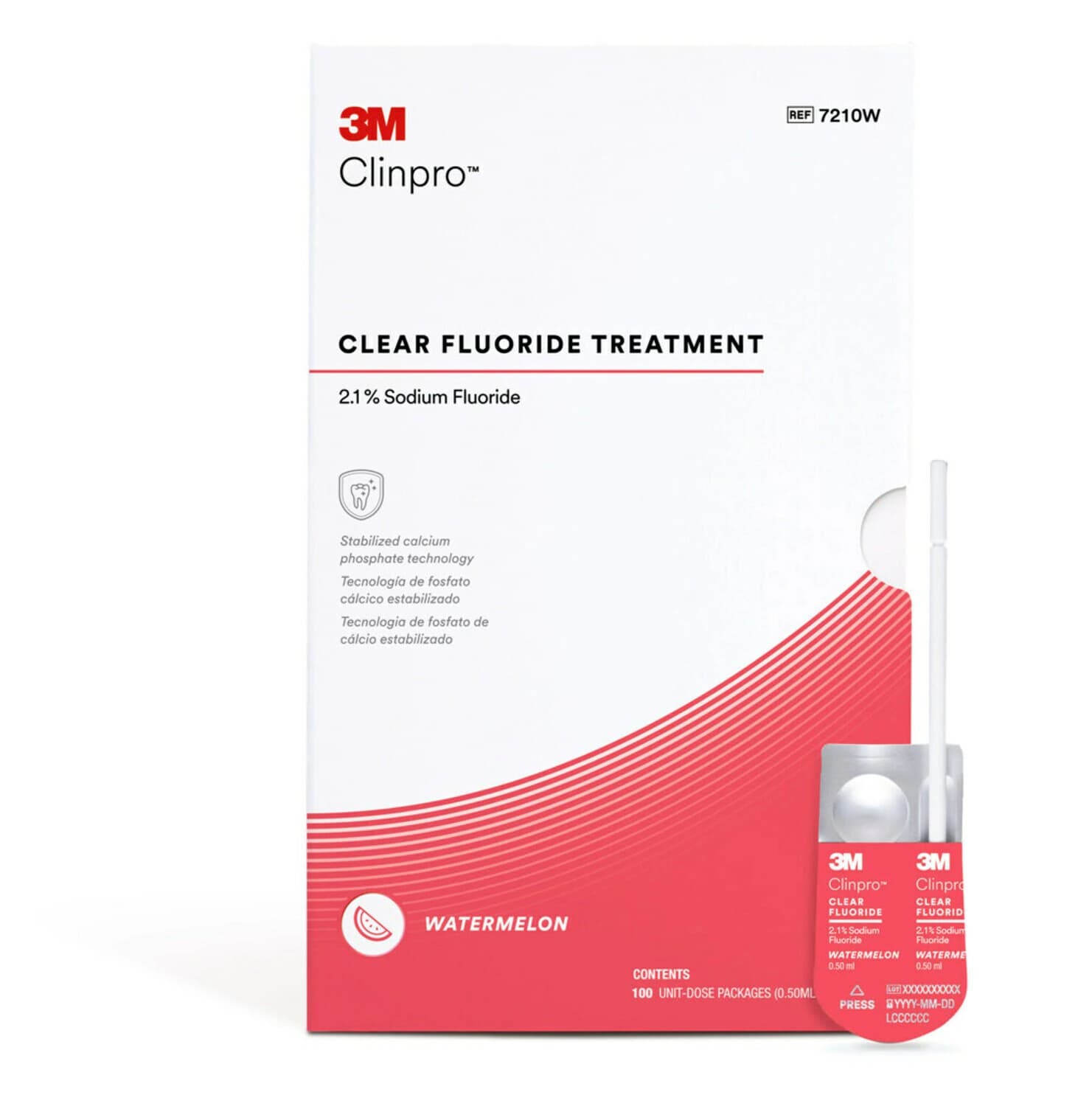 3M Clinpro Clear Fluoride Treatment, Watermelon Flavor, 2.1% Sodium Fluoride, 0.5 mL Unit Dose, 100/Pk, 7210W - Clinpro Clear Fluoride Treatment 0.5mL 100/Pk Watermelon - Image 1