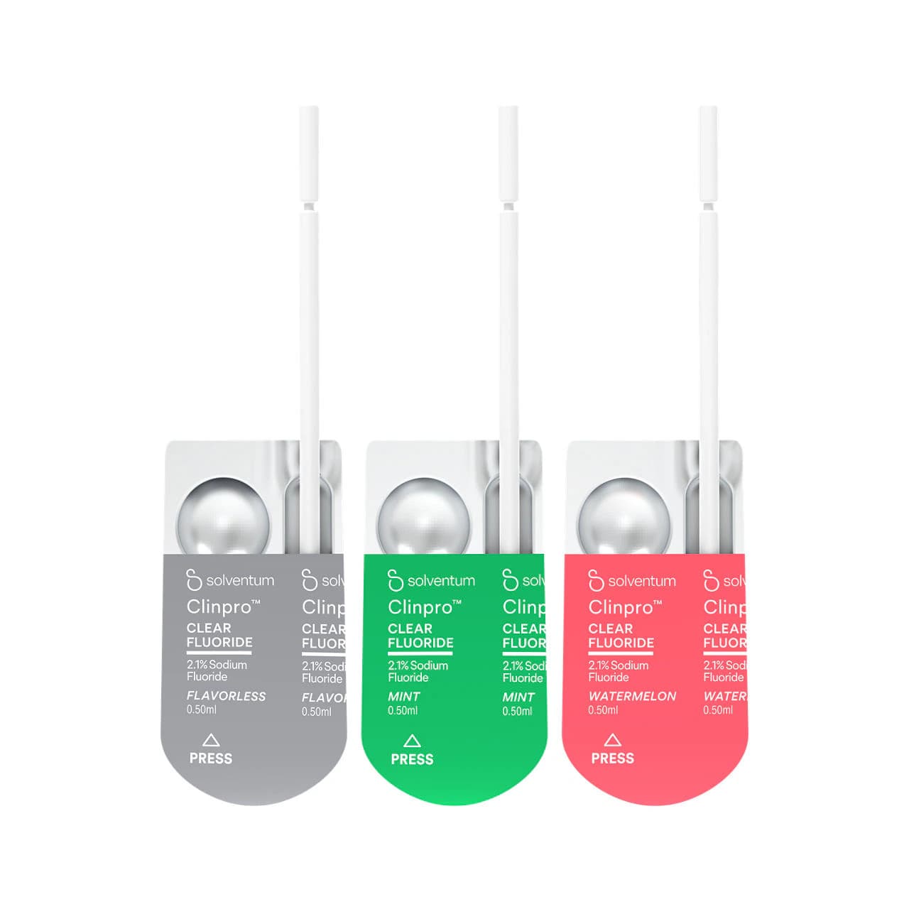 3M Clinpro Clear Fluoride Treatment, Mixed Flavor (300 Watermelon, 300 Unflavored, 200 Mint), 0.5 mL Unit Dose, 800/Kit, 7230B - 3M™ Clinpro™ Clear Fluoride Treatment Mixed Flavor 0.5mL Unit Dose Kit of 800 - Image 1