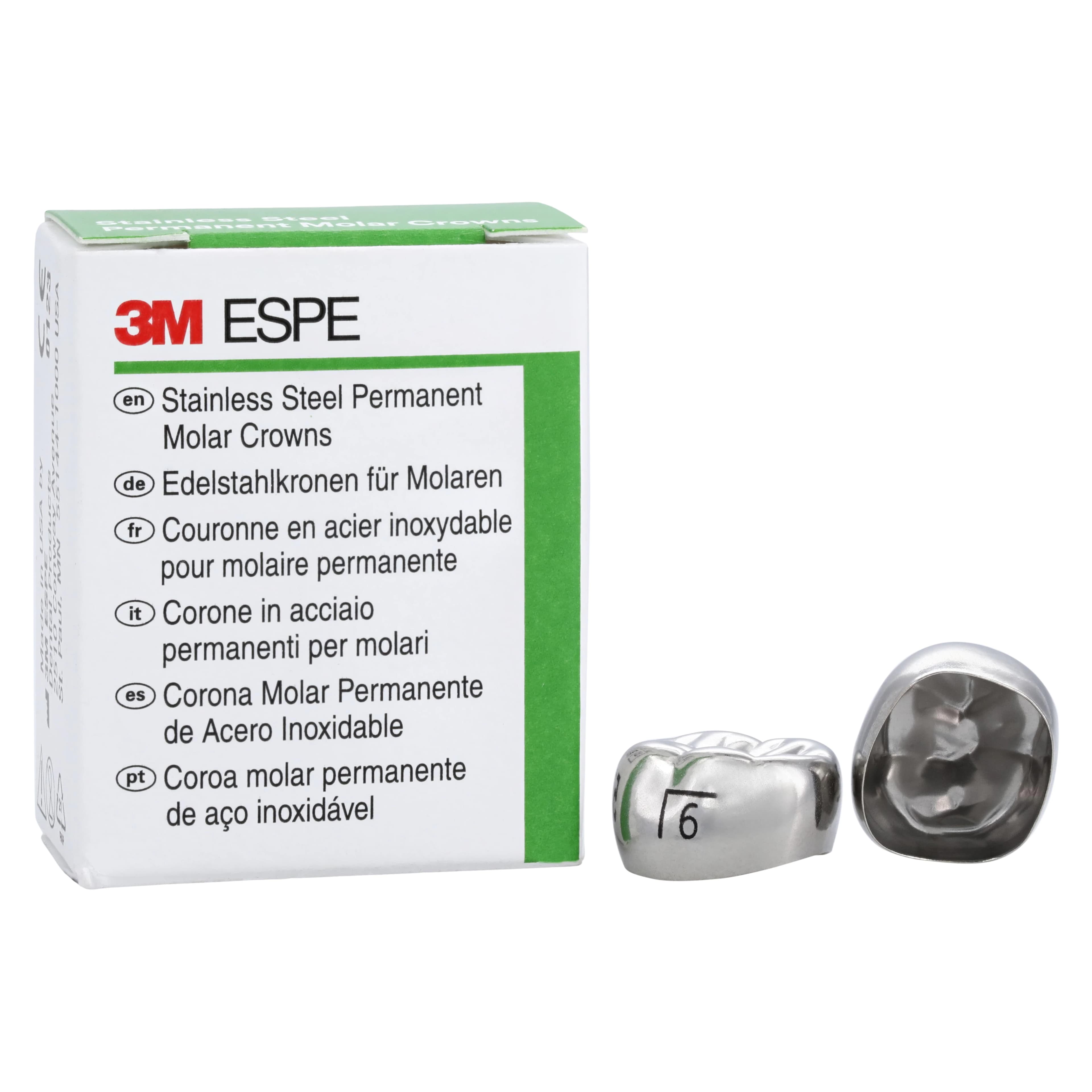 3M ESPE Stainless Steel Permanent Molar Crown, Size 6LL6, Lower Left First Permanent Molar, 5/Box, 6-LL-6 - 3M™ ESPE™ SS Crowns Size 6LL6 1st Permanent Molar Box of 5 - Image 1