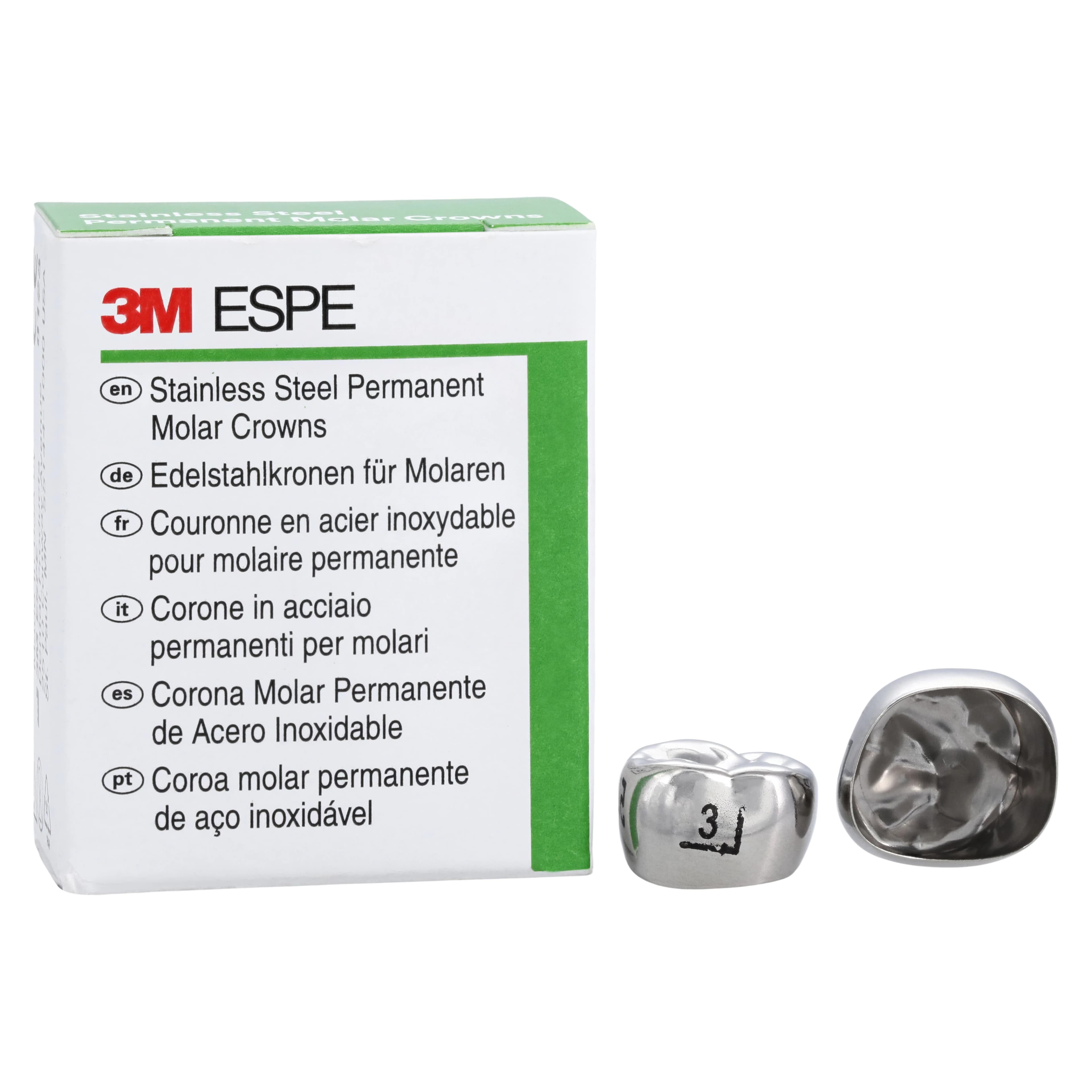 3M ESPE Stainless Steel Permanent Molar Crown, 6UR3, Upper Right First Permanent Molar, Size 3, 5/Box - 3M™ ESPE™ SS Crowns Size 6UR3 1st Permanent Molar Box of 5 - Image 1