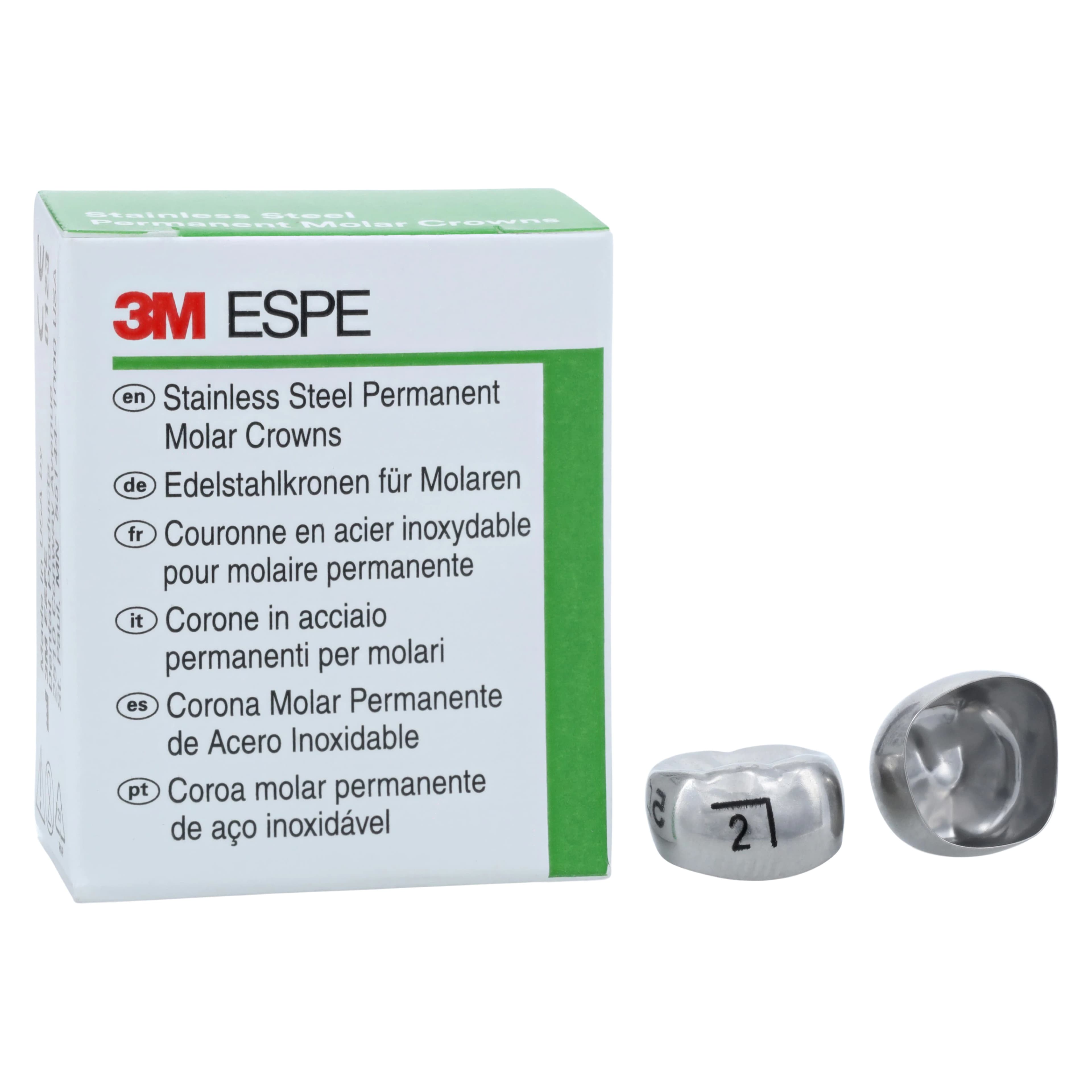 3M ESPE Stainless Steel Permanent Molar Crown, 6LR2, Lower Right First Permanent Molar, Size 2, 5/Box - 3M™ ESPE™ SS Crowns Size 6LR2 1st Permanent Molar Box of 5 - Image 1
