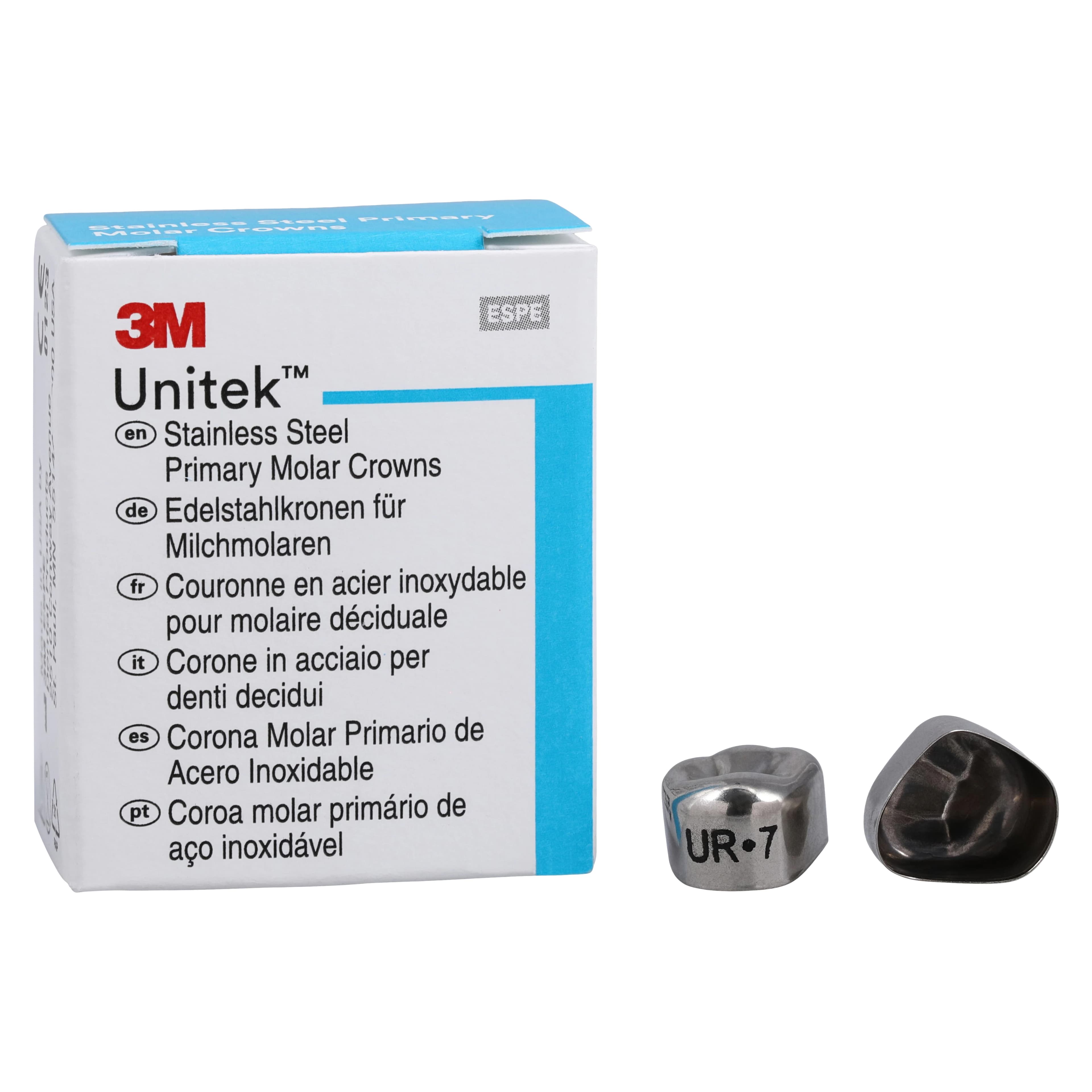 3M Unitek Stainless Steel Primary Molar Crown, Upper Right First Molar, Size 7, 5/Box, 900127 - 3M Unitek Stainless Steel Primary Molar Crowns Upper Right First Size 7 5Bx - Image 1