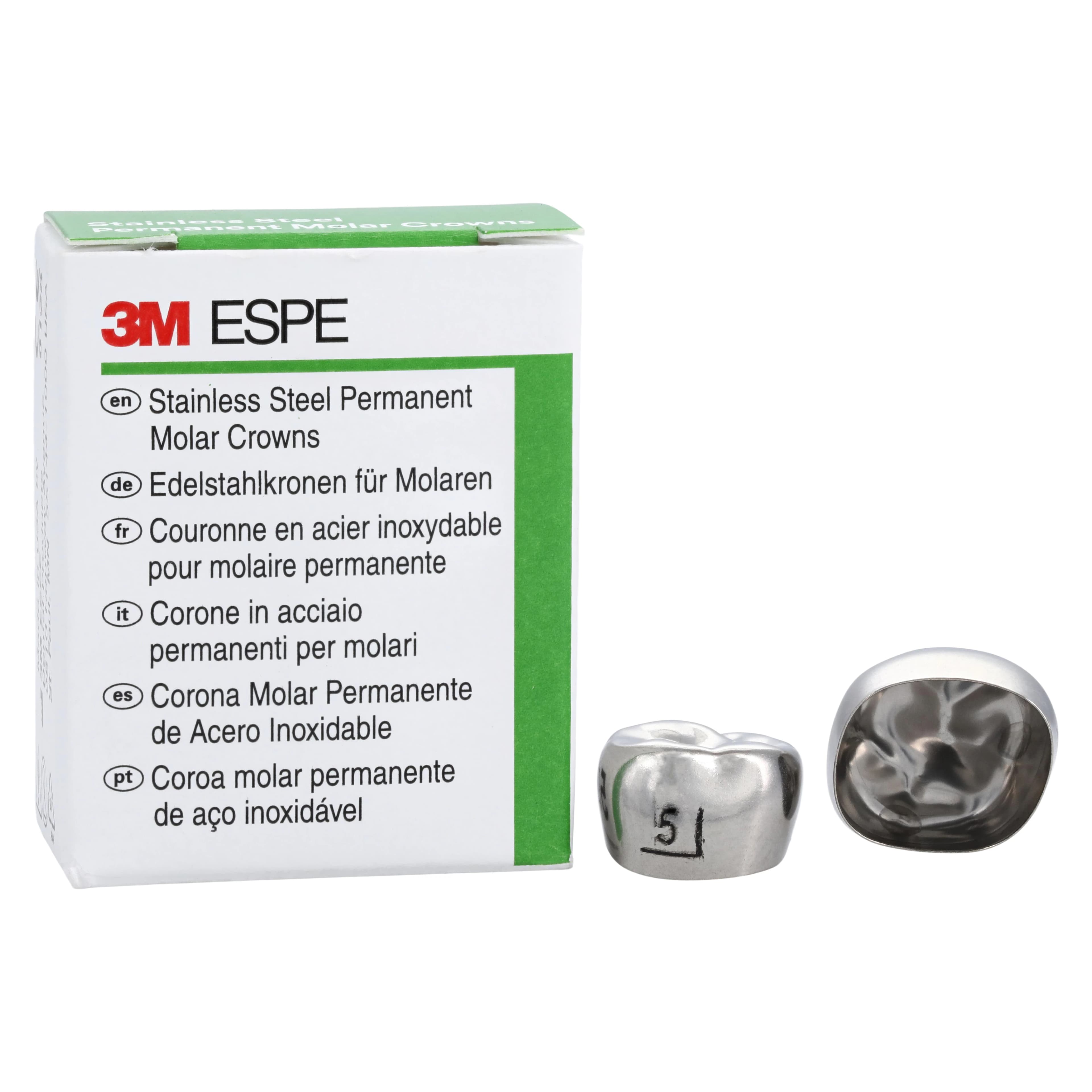 3M ESPE Stainless Steel Permanent Molar Crown, 6UR5, Upper Right First Permanent Molar, Size 5, 5/Box - 3M™ ESPE™ SS Crowns Size 6UR5 1st Permanent Molar Box of 5 - Image 1