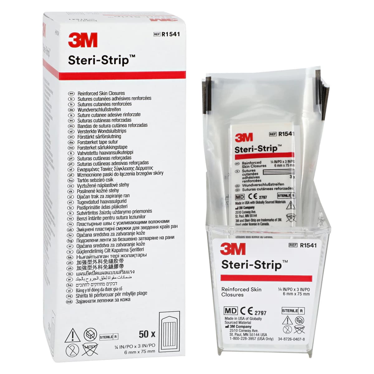 3M Steri-Strip Reinforced Adhesive Skin Closures, 1/4" x 3", White, 3 Strips/Env, 50 Env/Bx, R1541 thumbnail 2
