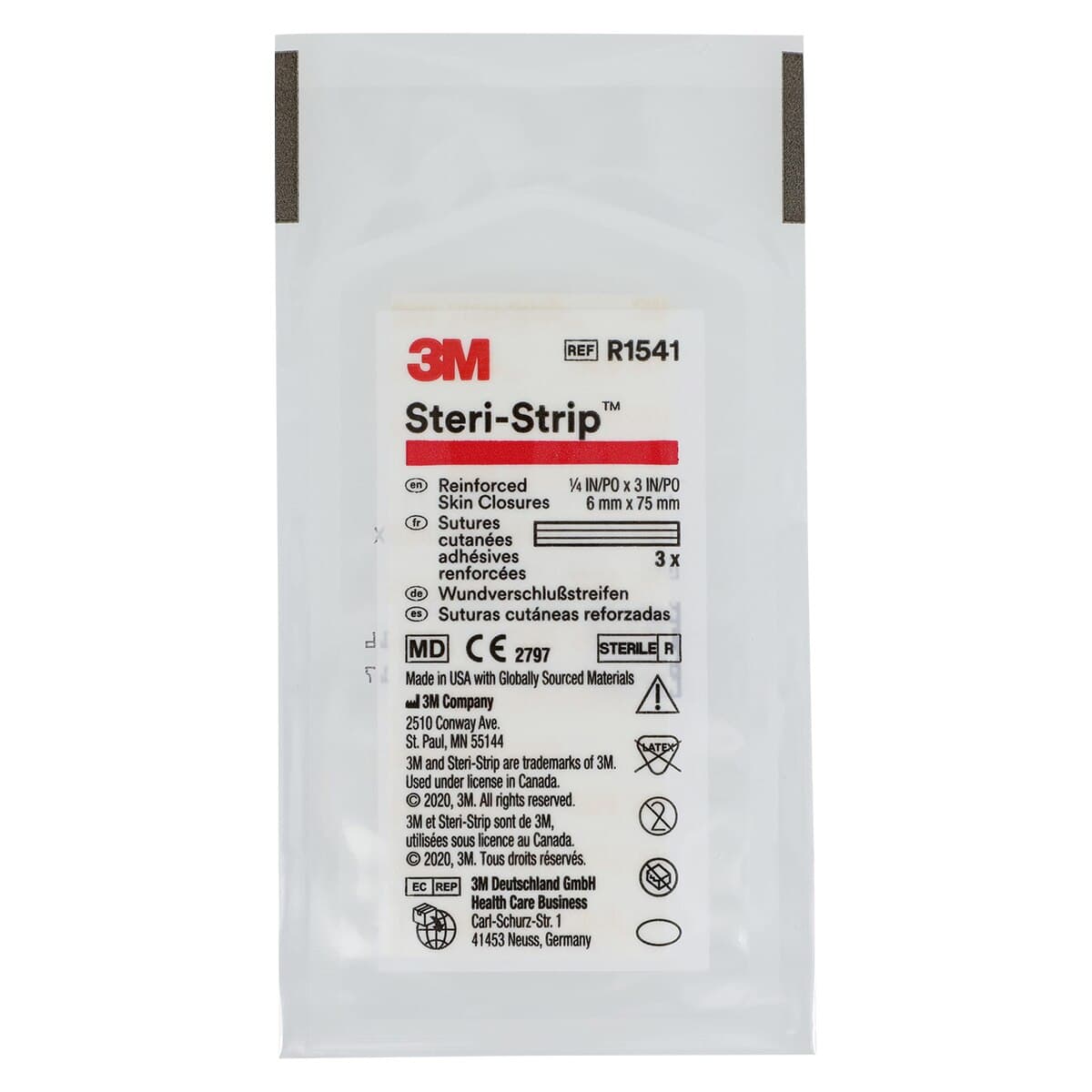 3M Steri-Strip Reinforced Adhesive Skin Closures, 1/4" x 3", White, 3 Strips/Env, 50 Env/Bx, R1541 thumbnail 3