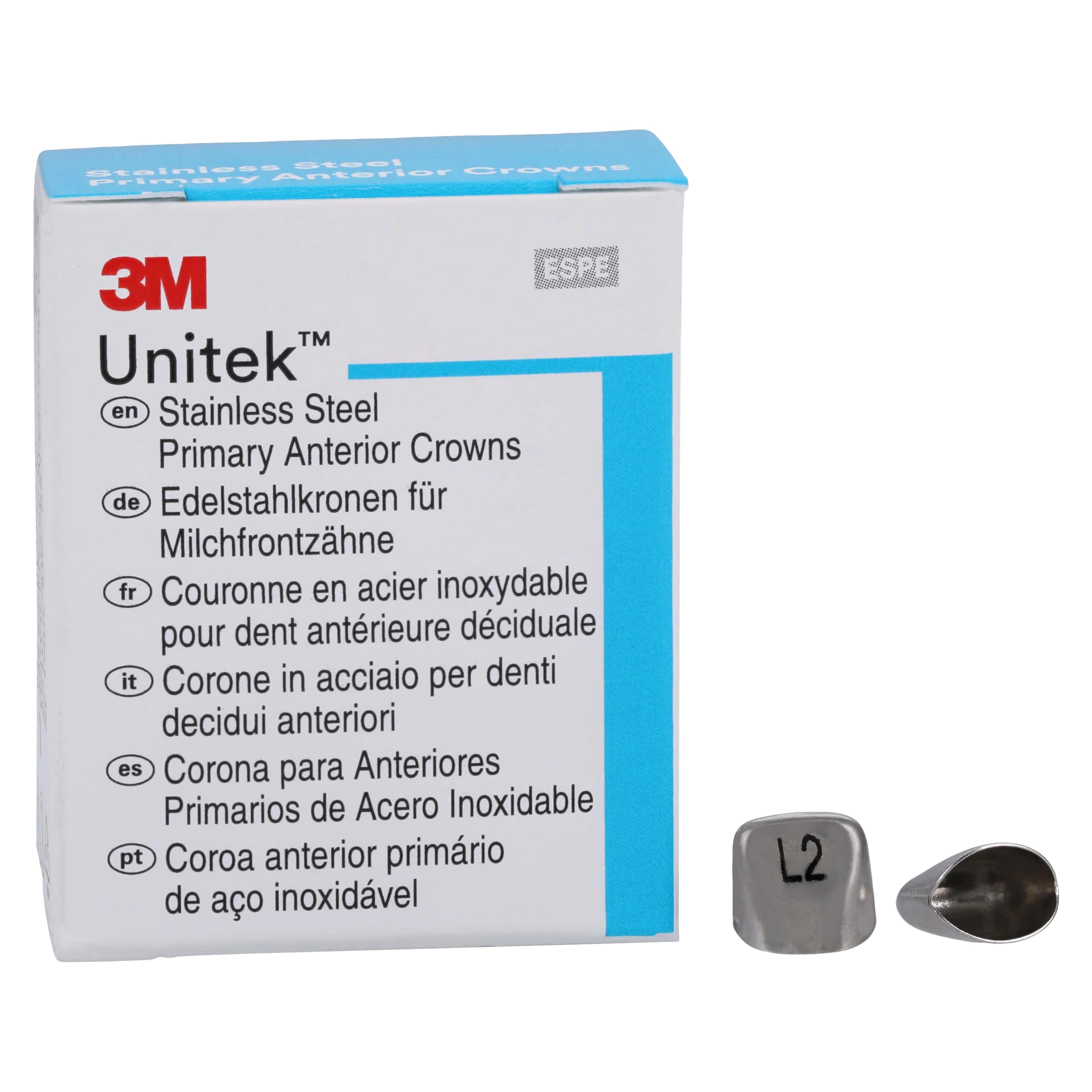 3M Unitek Stainless Steel Primary Anterior Crown, Upper Left Central, Size 2 (UL2), 5/Box, 907002 - 3M Unitek Stainless Steel Primary Anterior Crowns Upper Left Central Size 2 5Bx - Image 1