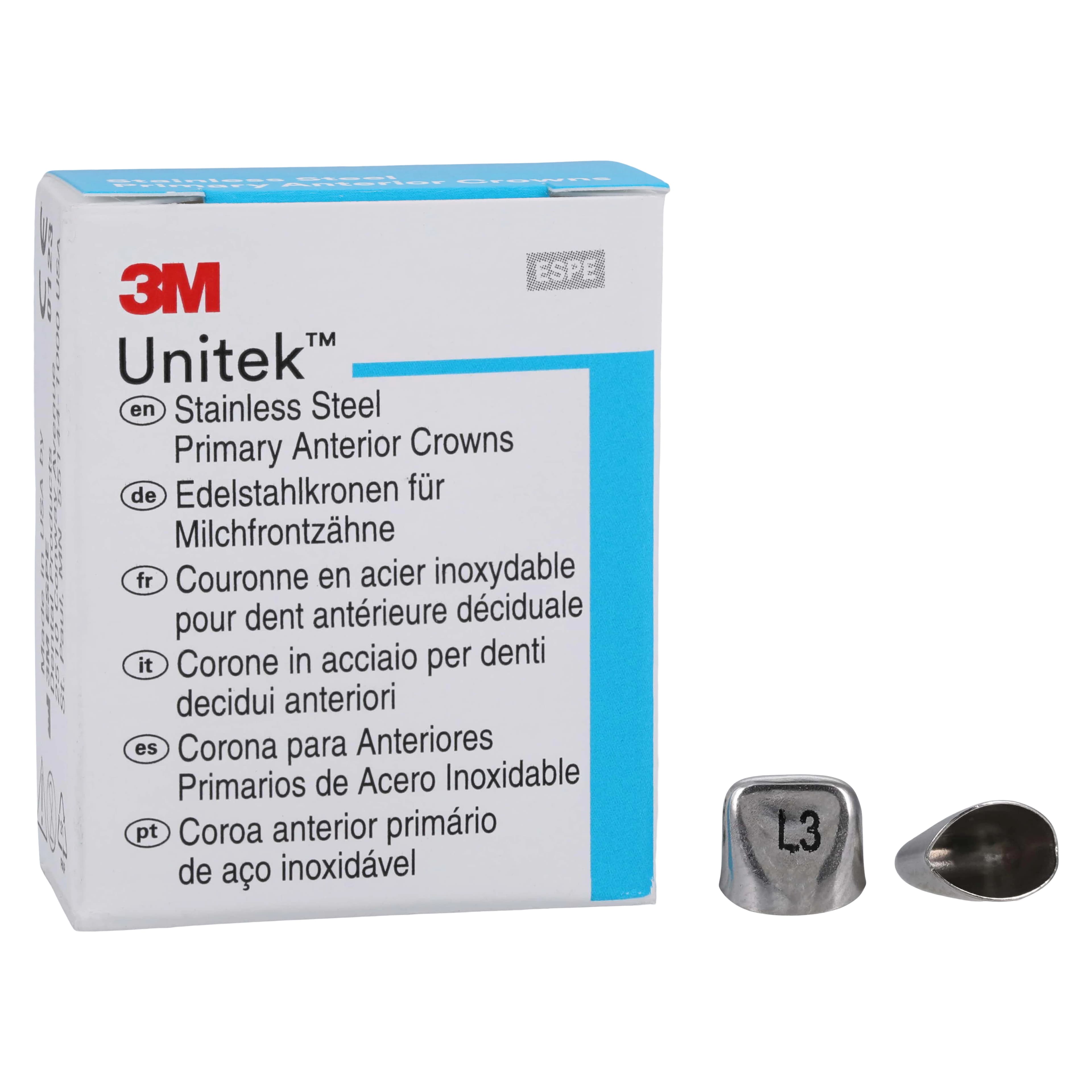 3M Unitek Stainless Steel Primary Anterior Crown, Upper Left Central, Size 3 (UL3), 5/Box, 907003 - 3M Unitek Stainless Steel Primary Anterior Crowns Upper Left Central Size 3 5Bx - Image 1